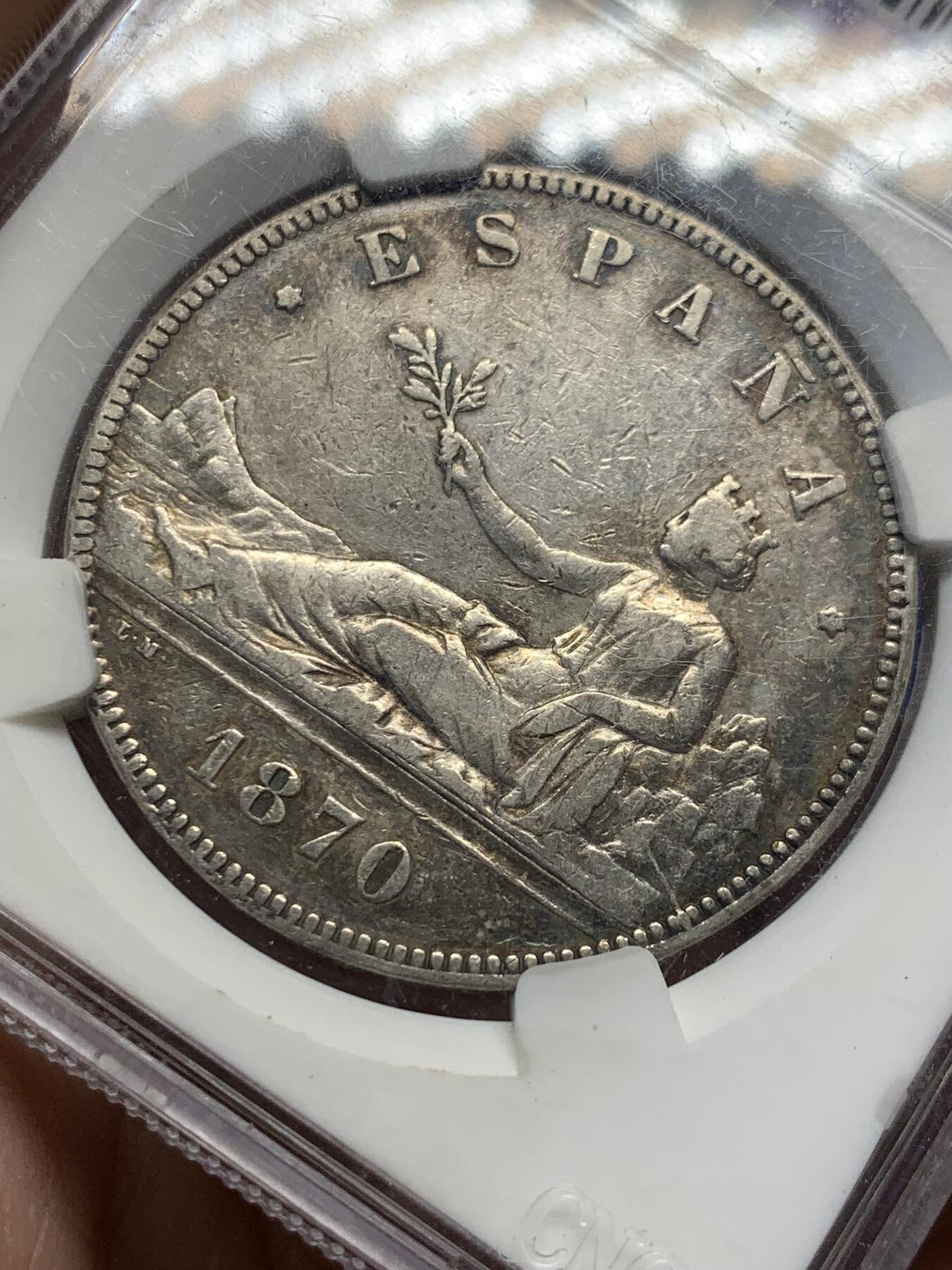 《竞宝斋》第432场 周日，周一 2场连拍 （全场包邮） CNCS XF45 西班牙1870年拿花女神5比塞塔银币