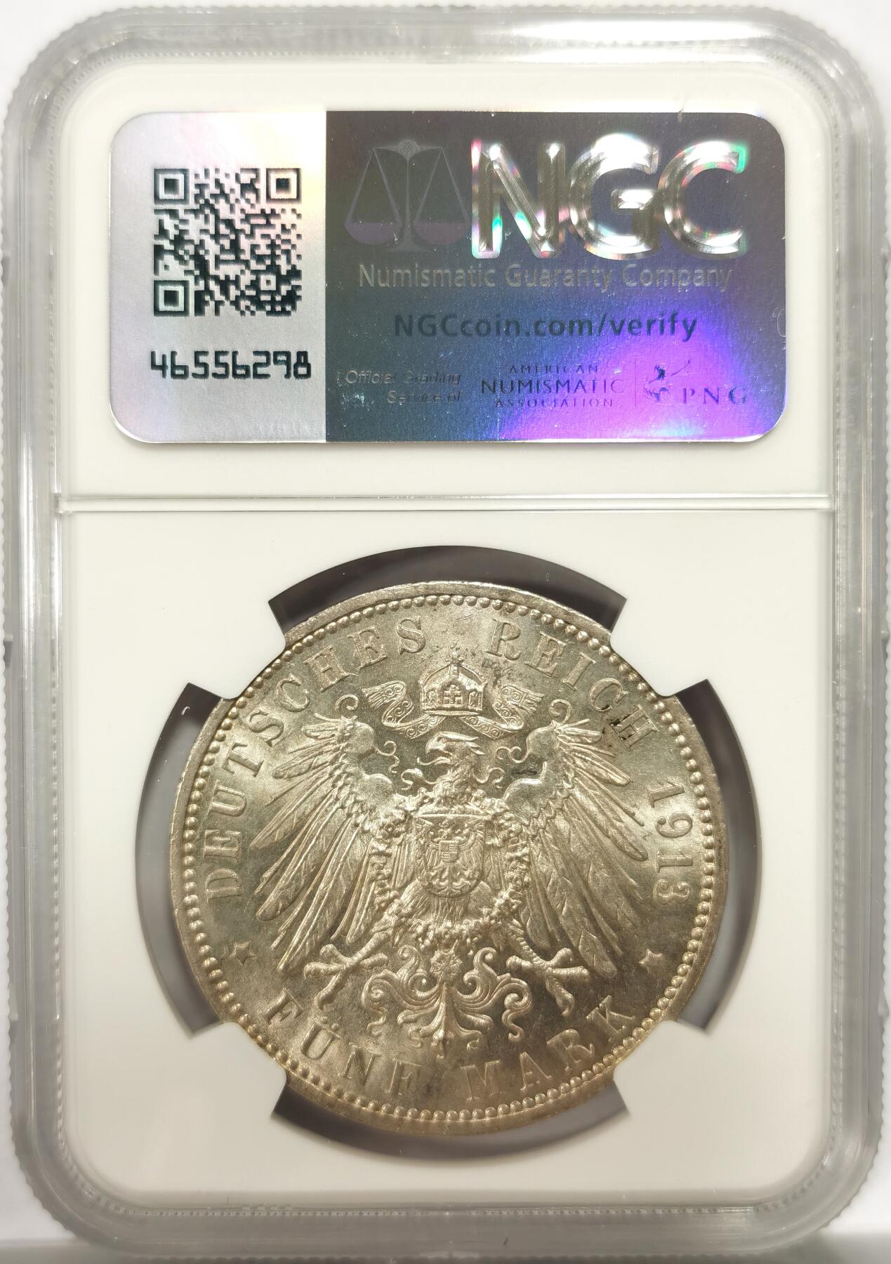 博洋堂世界钱币拍卖第144期（全场包邮） NGC MS63 德国汉堡1913年J版5马克银币