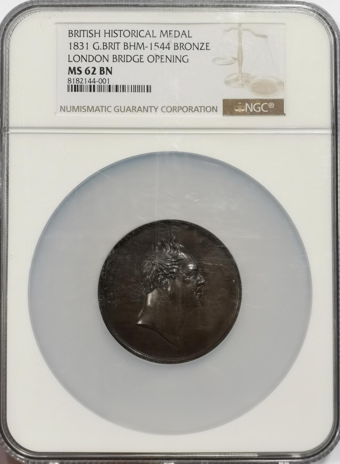 博洋堂世界钱币拍卖第144期（全场包邮） NGC MS62BN 英国1831年威廉四世伦敦桥开通纪念大铜章，51mm，NGC超大盒封装，伦敦金融城系列一号作品，铜色温润，状态很好