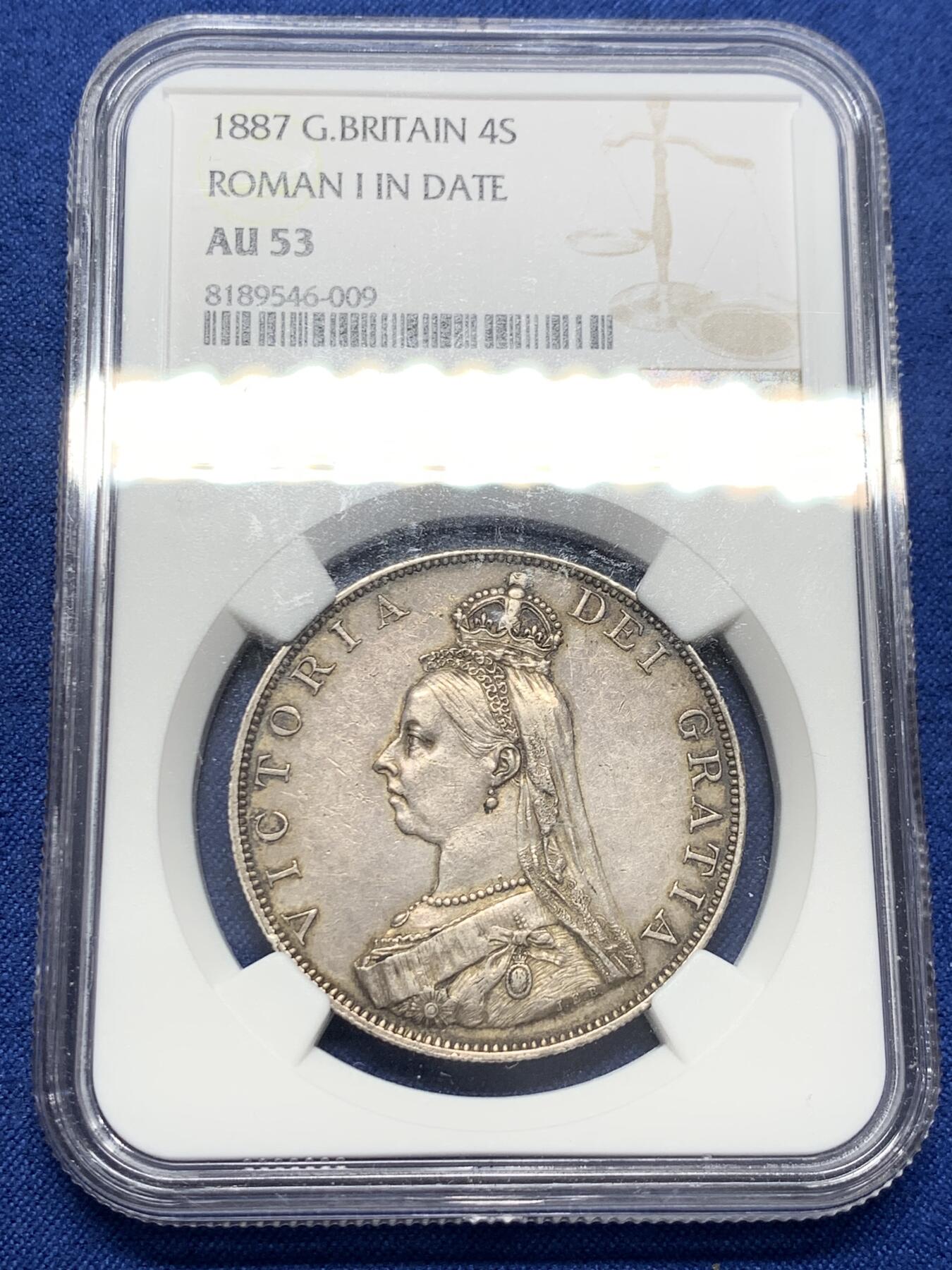《竞宝斋》第432场 周日，周一 2场连拍 （全场包邮） NGC AU53 英国 1887年 维多利亚二世 双弗洛林银币，罗马1版本，好包浆