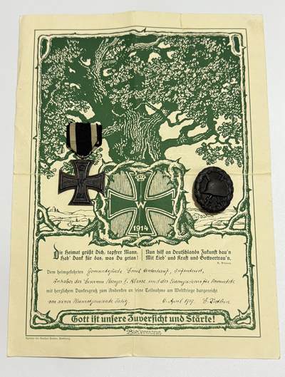 韵星假日精品2025秋季军品类拍卖会-- Rimey Holidays Boutique 2025 Autumn Militaria Sale - 一战老兵归乡致敬函 获得者获得二级铁十字勋章和黑色战伤奖章 致敬函和两枚章一组
