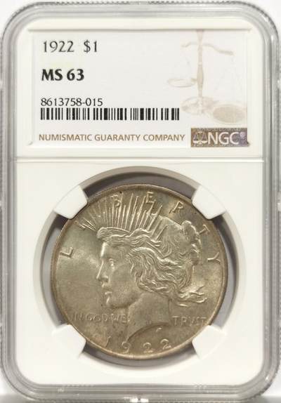 博洋堂世界钱币拍卖第144期（全场包邮） - NGC MS63 美国1922年和平银币，淡黄油包浆，转光好品。