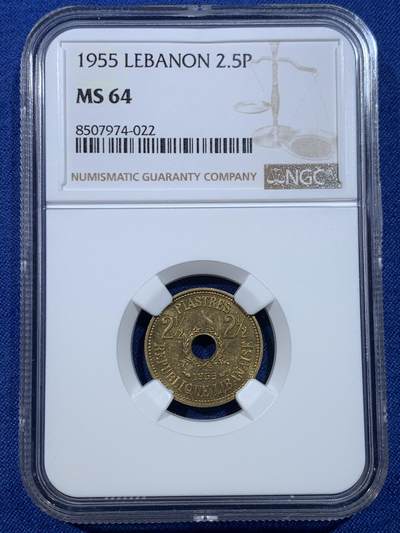 《竞宝斋》第432场 周日，周一 2场连拍 （全场包邮） - NGC MS64 黎巴嫩1955年2.5皮阿斯特中孔黄铜币
