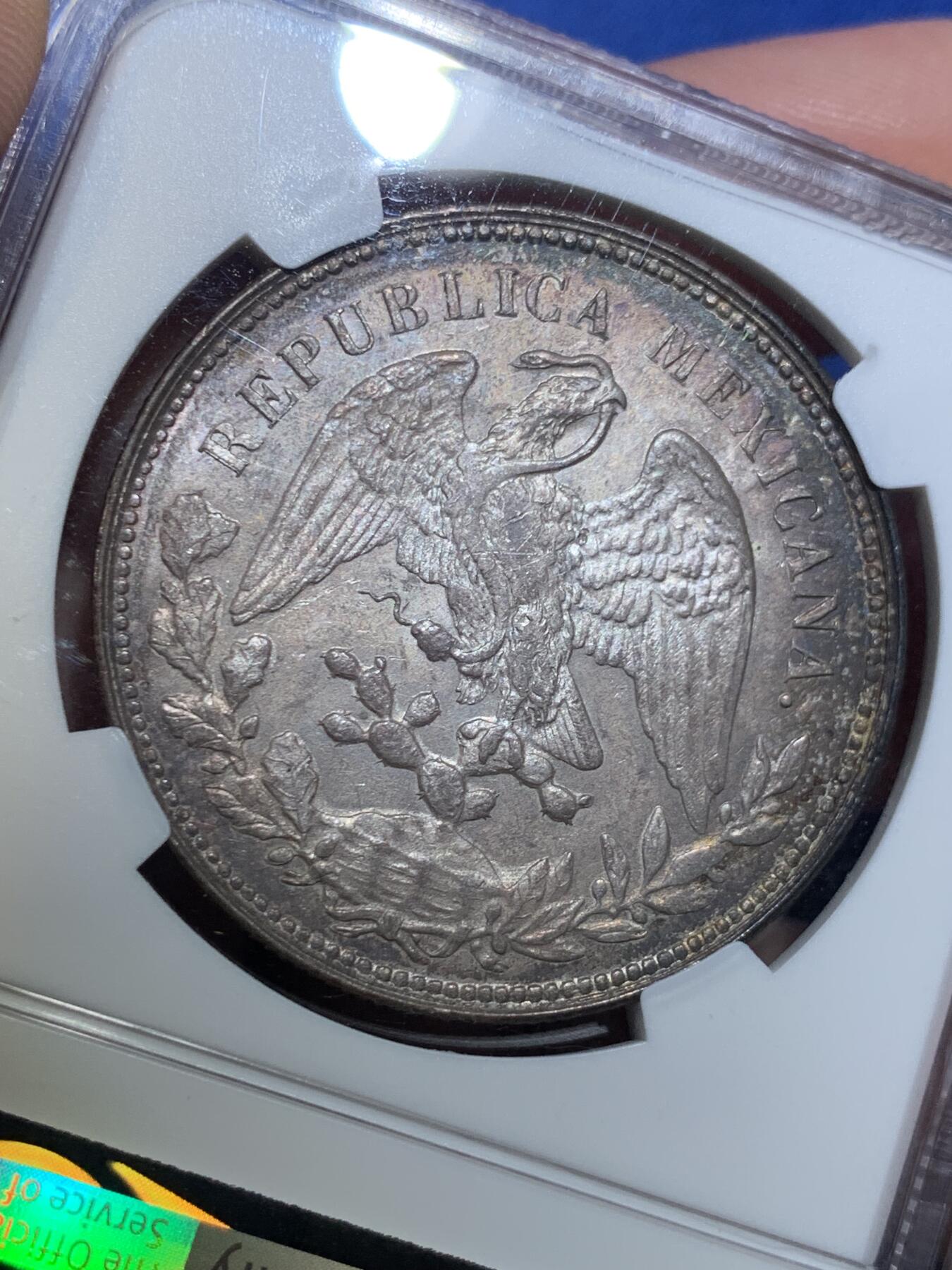 《竞宝斋》第432场 周日，周一 2场连拍 （全场包邮） NGC MS63 墨西哥1904年MO AM版直边鹰洋，原味老黑彩，羽毛保存不错