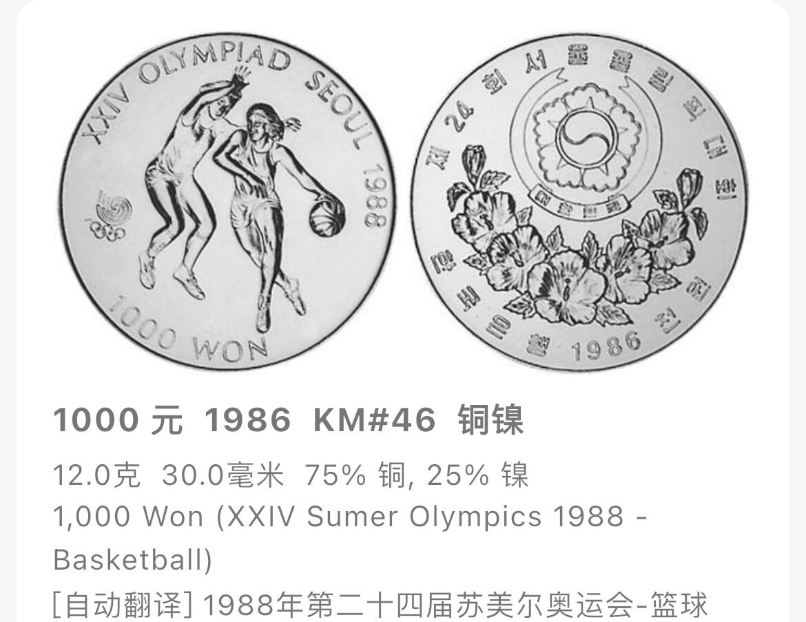回流1026 韩国1986年第二十四届夏季奥运会精制纪念币 篮球