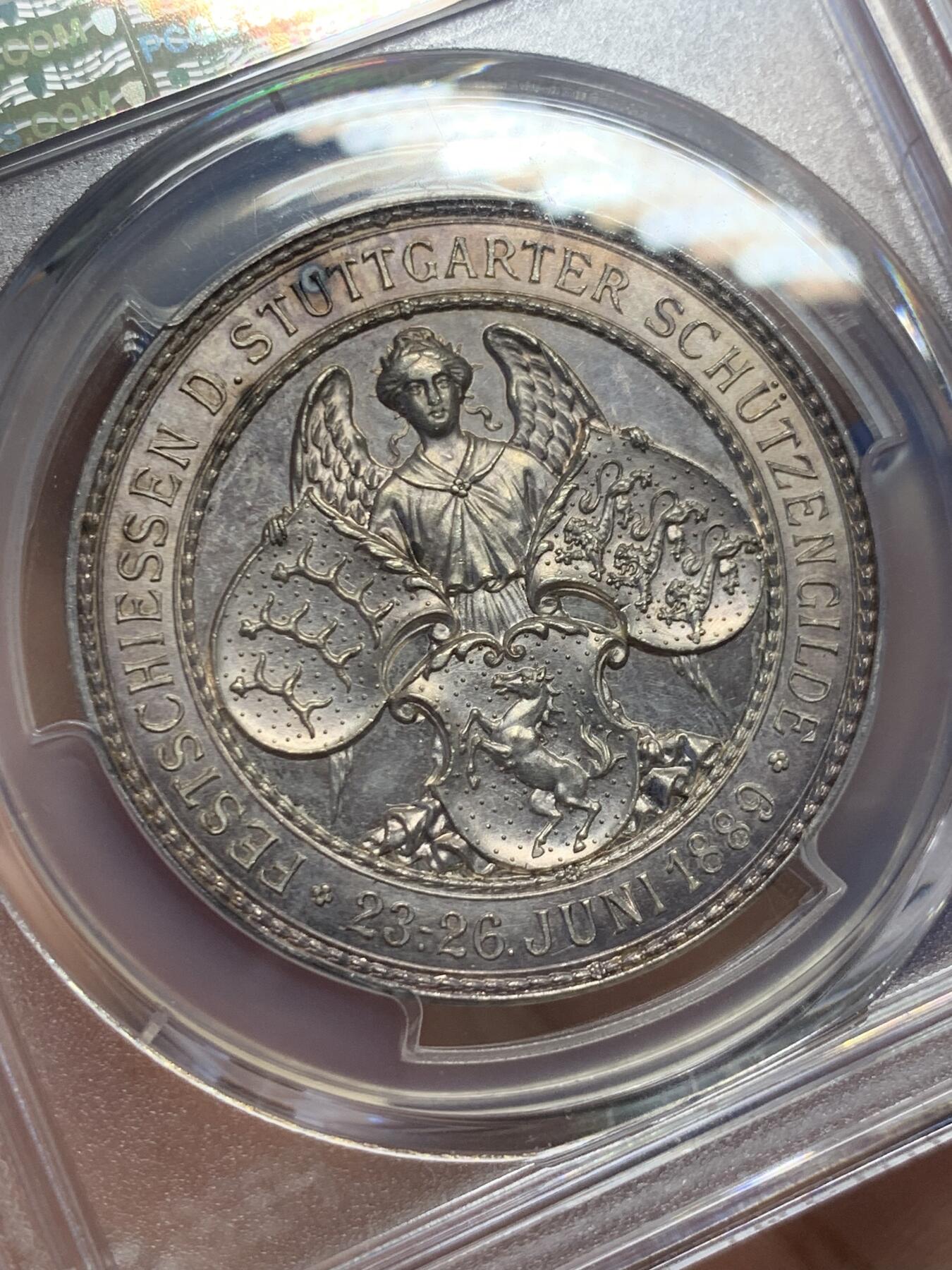 《竞宝斋》第432场 周日，周一 2场连拍 （全场包邮） PCGS SP63 德国 1889年 符腾堡 斯图加特保护协会政府成立25周年纪念银章 国王夫妇与天使细节相得益彰 非常少见的品种