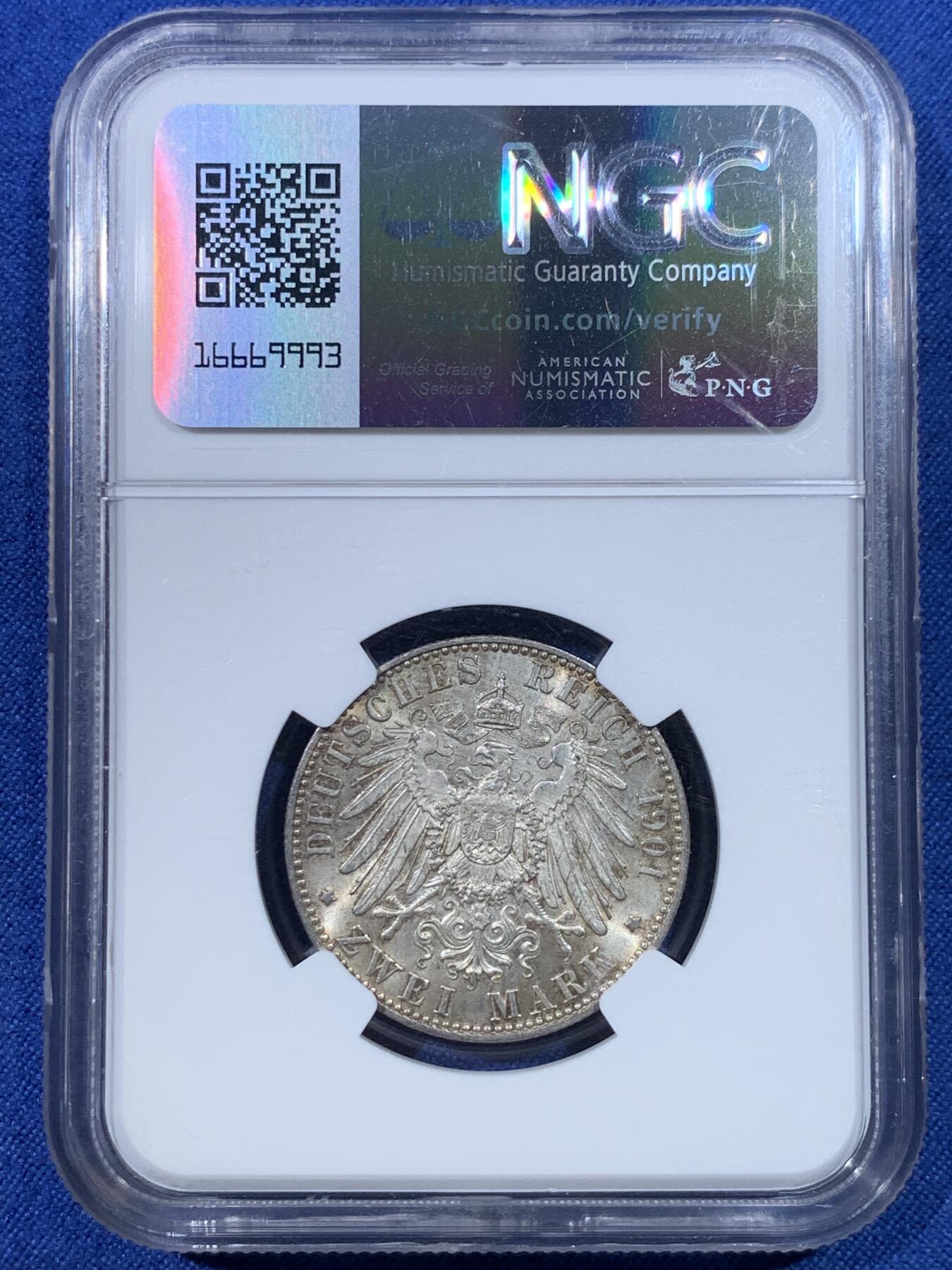 《竞宝斋》第432场 周日，周一 2场连拍 （全场包邮） NGC MS61 德国 1901年 普鲁士建国200周年2马克银币