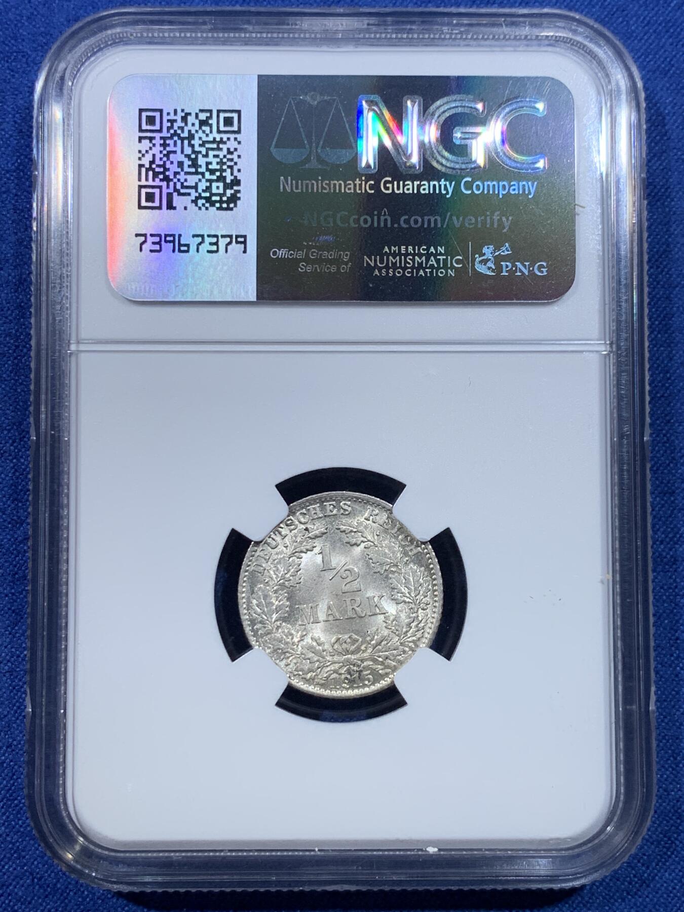 《竞宝斋》第432场 周日，周一 2场连拍 （全场包邮） NGC MS67 德国1915年1/2马克银币 D厂铭 品相极佳