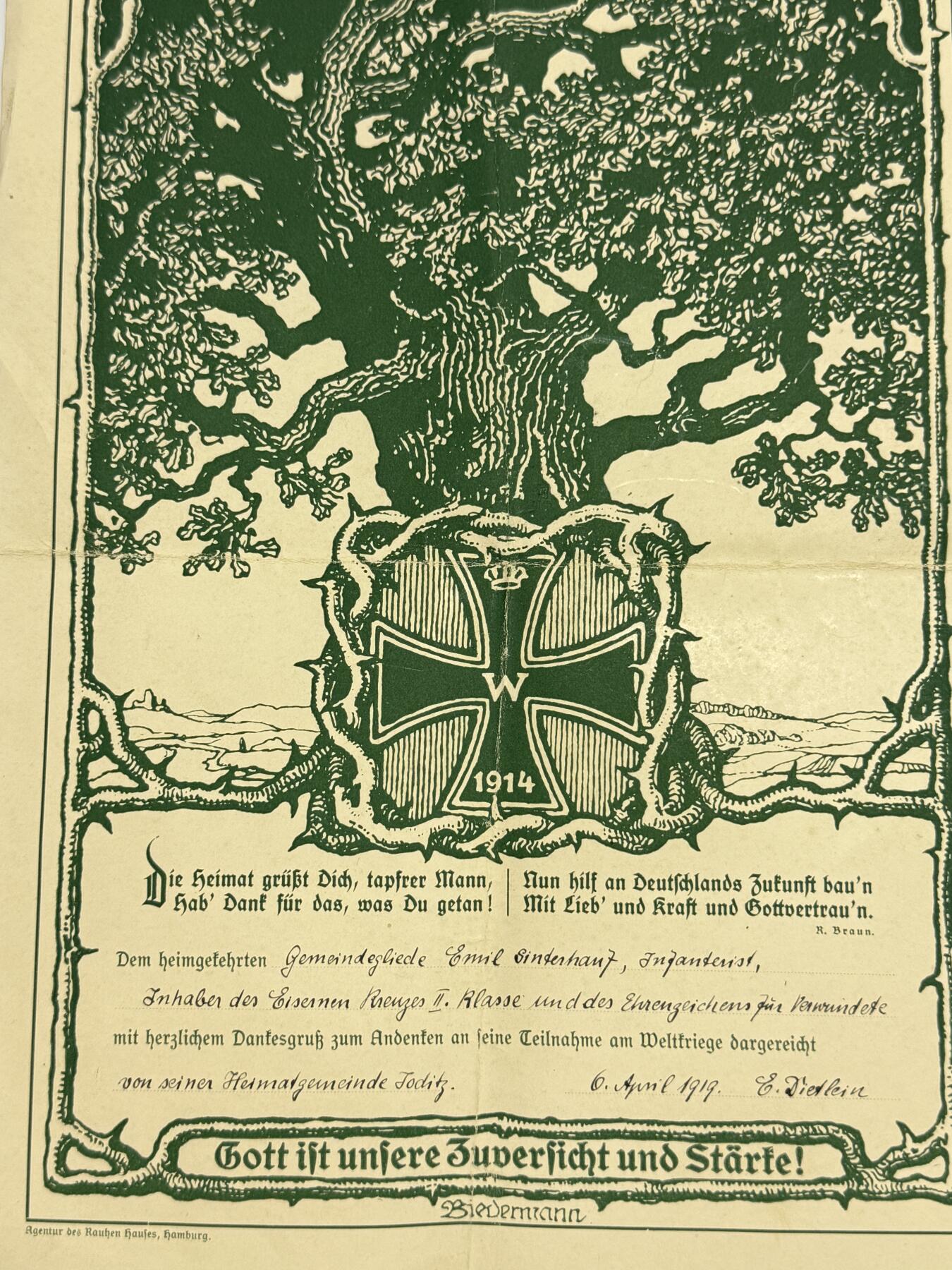 韵星假日精品2025秋季军品类拍卖会-- Rimey Holidays Boutique 2025 Autumn Militaria Sale 一战老兵归乡致敬函 获得者获得二级铁十字勋章和黑色战伤奖章 致敬函和两枚章一组