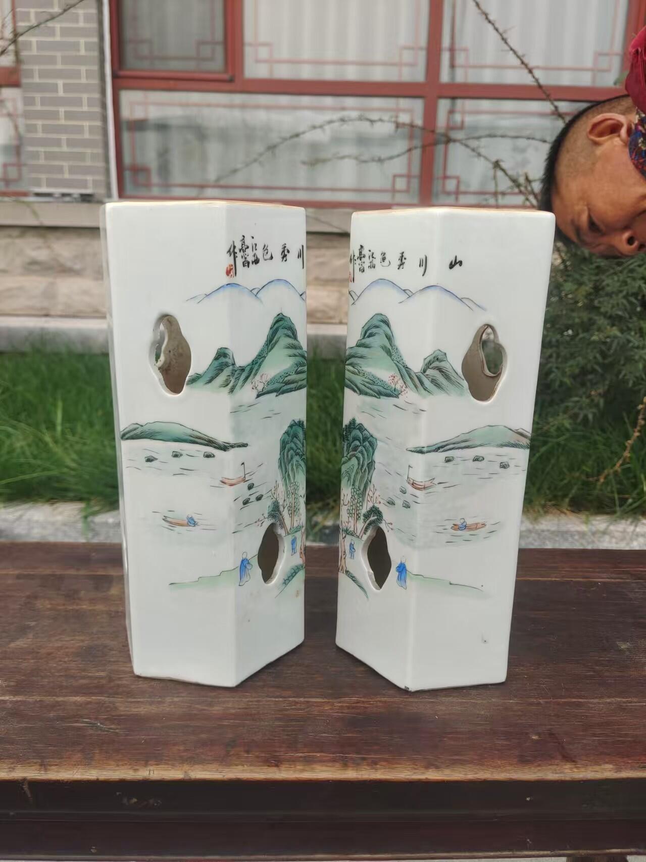 民国浅降彩山水六方帽筒一对 器型规整，画工精美，山水人物纹饰，带开窗设计