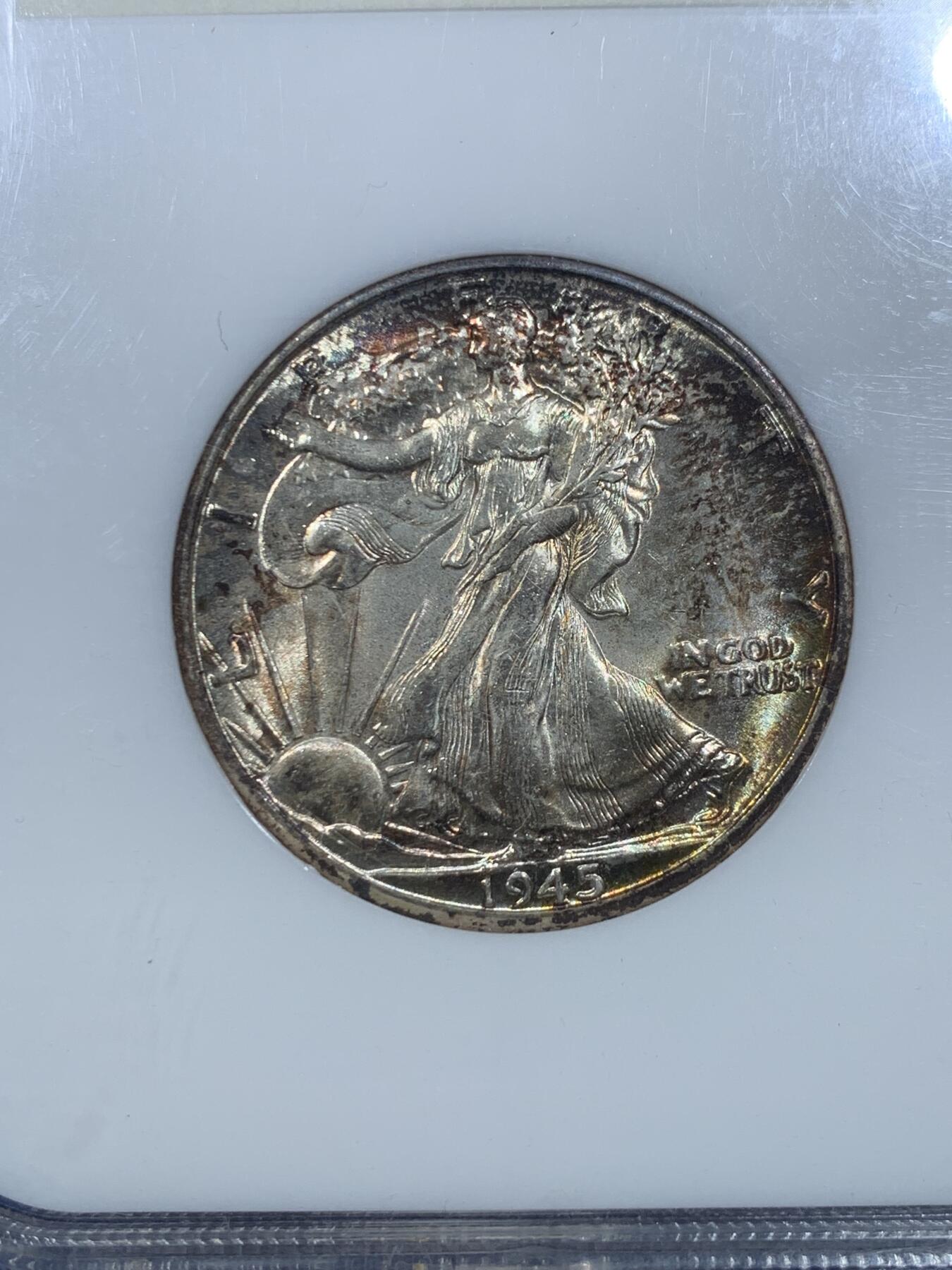 《竞宝斋》第432场 周日，周一 2场连拍 （全场包邮） NGC MS65 美国 1945年 D版行走女神银币 NGC老盒严评 女神面惊艳的五彩