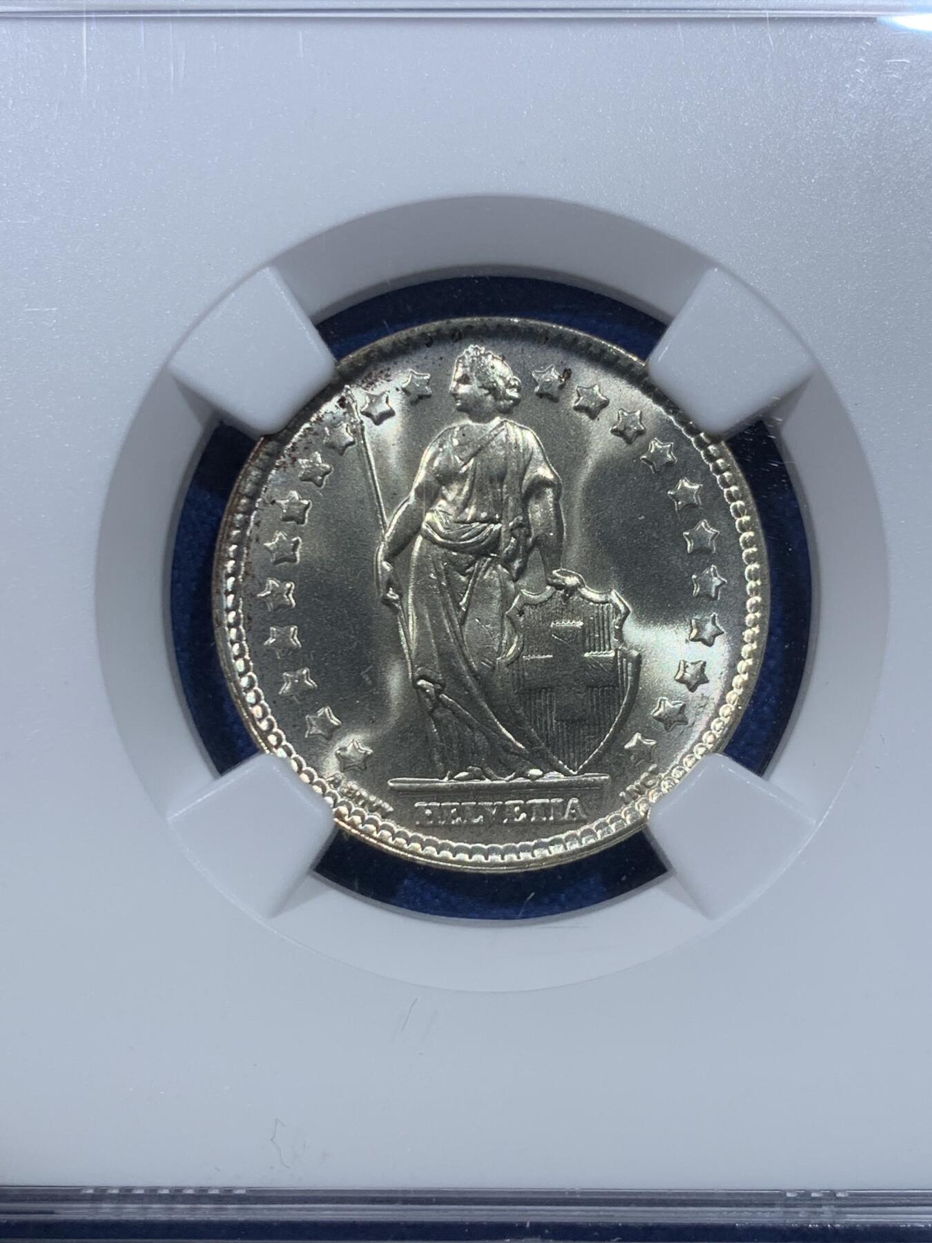 《竞宝斋》第432场 周日，周一 2场连拍 （全场包邮） NGC MS67 瑞士1963年1法郎银币 B厂铭 转光强 顶级品相