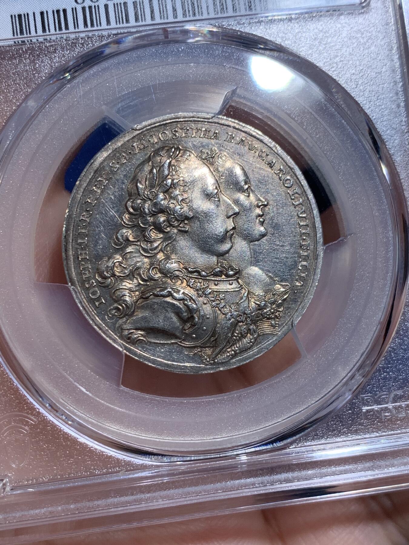 《竞宝斋》第432场 周日，周一 2场连拍 （全场包邮） PCGS MS61 神圣罗马帝国 约瑟夫二世 与巴伐利亚公主 婚礼纪念银章 首见品种 细节极好 明显低评了