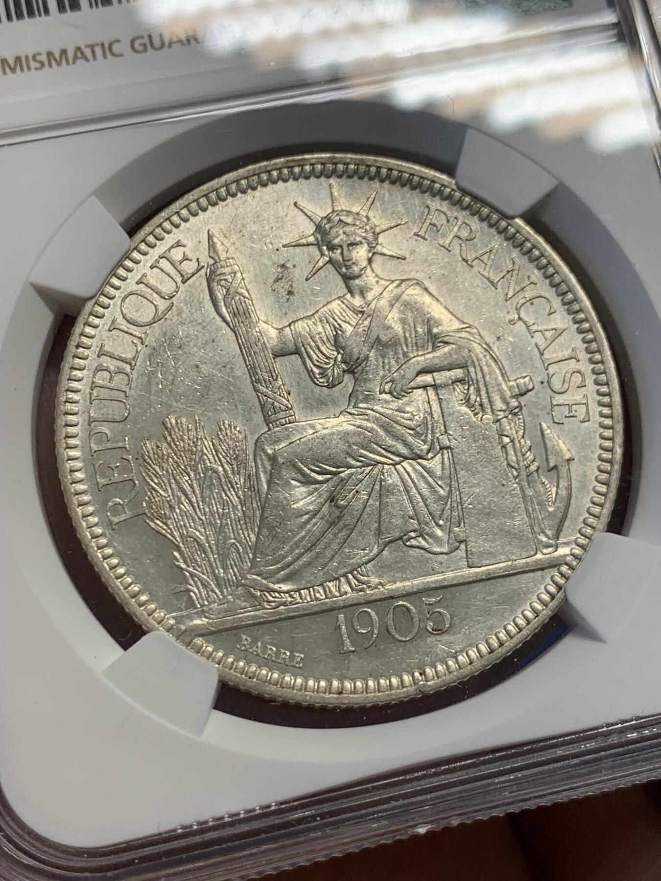 《竞宝斋》第432场 周日，周一 2场连拍 （全场包邮） NGC AUD 法属印支1905年坐洋1皮阿斯特银币
