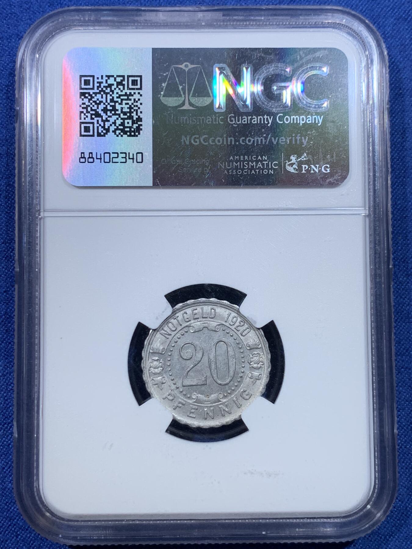 《竞宝斋》第432场 周日，周一 2场连拍 （全场包邮） NGC MS64 德国1920年 20芬尼铝币Strassenbahn，镜面小松果