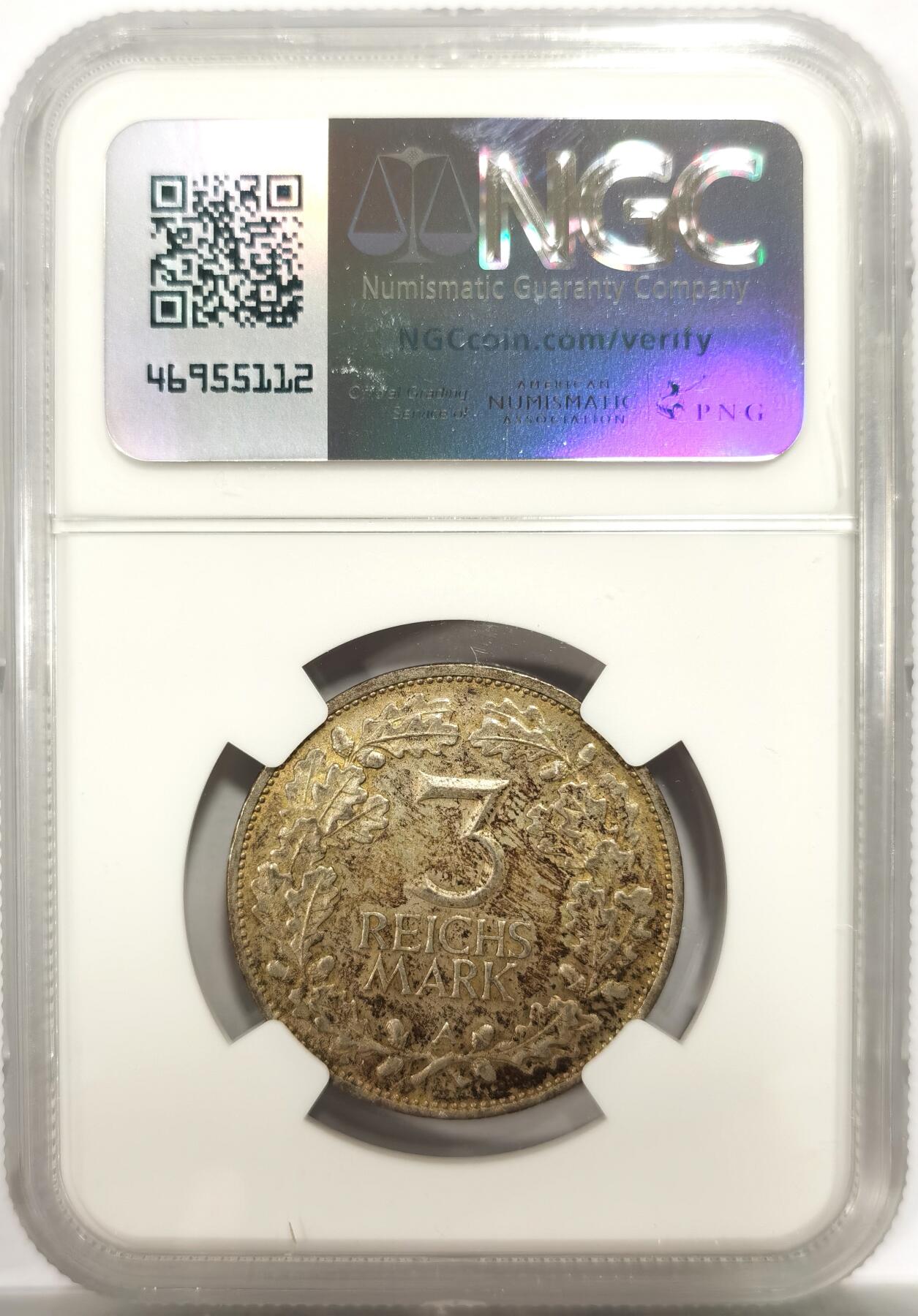 博洋堂世界钱币拍卖第144期（全场包邮） NGC MS62 德国魏玛共和国1925年A版莱茵千年3马克银币