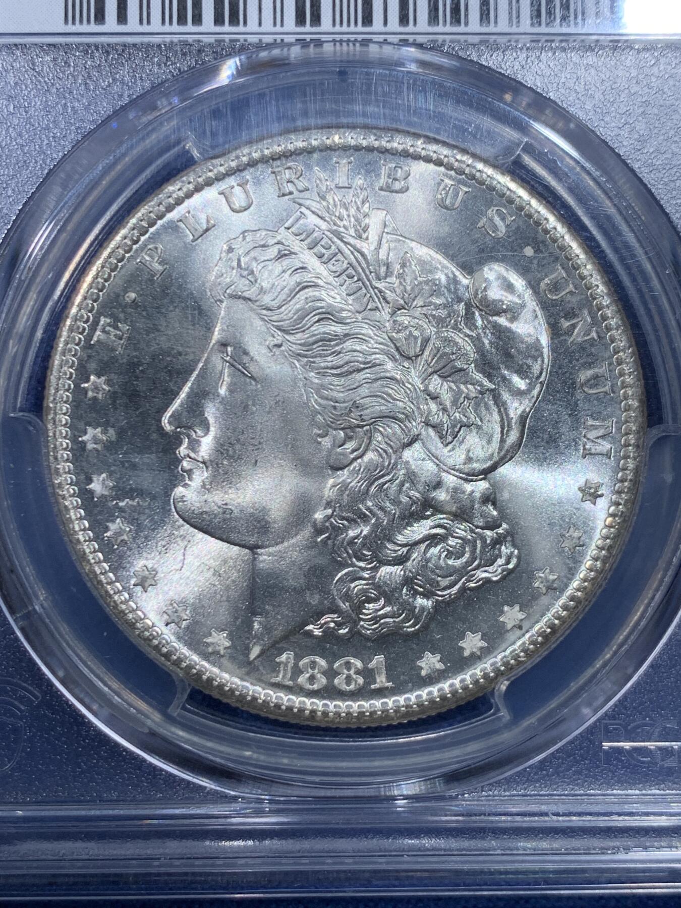 《竞宝斋》第432场 周日，周一 2场连拍 （全场包邮） PCGS MS65 美国1881-S版摩根银币 高亮车轮光   银光玲珑剔透