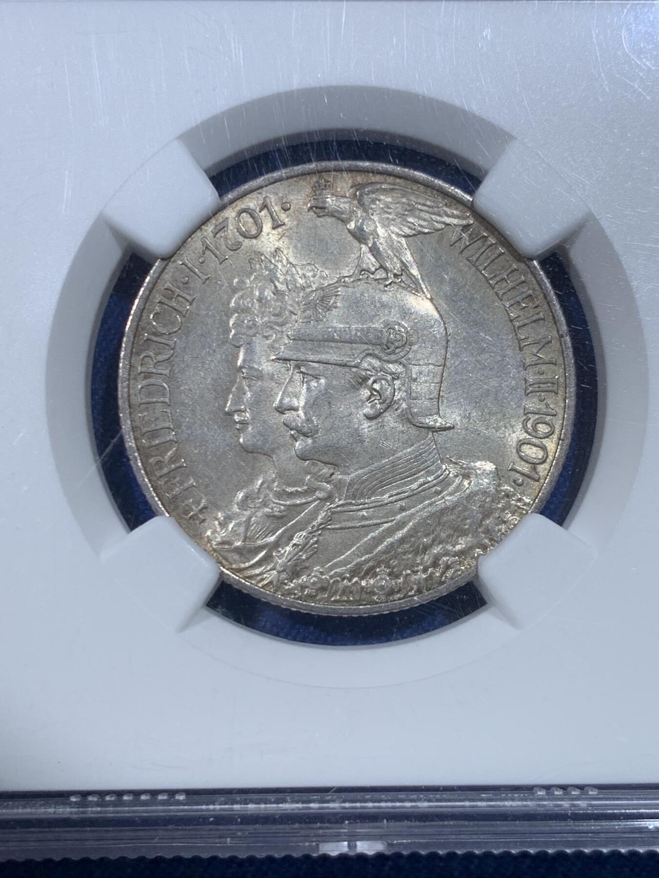 《竞宝斋》第432场 周日，周一 2场连拍 （全场包邮） NGC MS61 德国 1901年 普鲁士建国200周年2马克银币