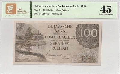 2025十月第四期，加拍第二场，总198期 - 荷属东印度（现印度尼西亚）1946版100盾TQG45分无47，稻田和多文告示，稀有高面值，此时印尼独立运动如火如荼，三年后荷兰殖民政府彻底退出印尼，此版本故发行时间短回收彻底而稀有