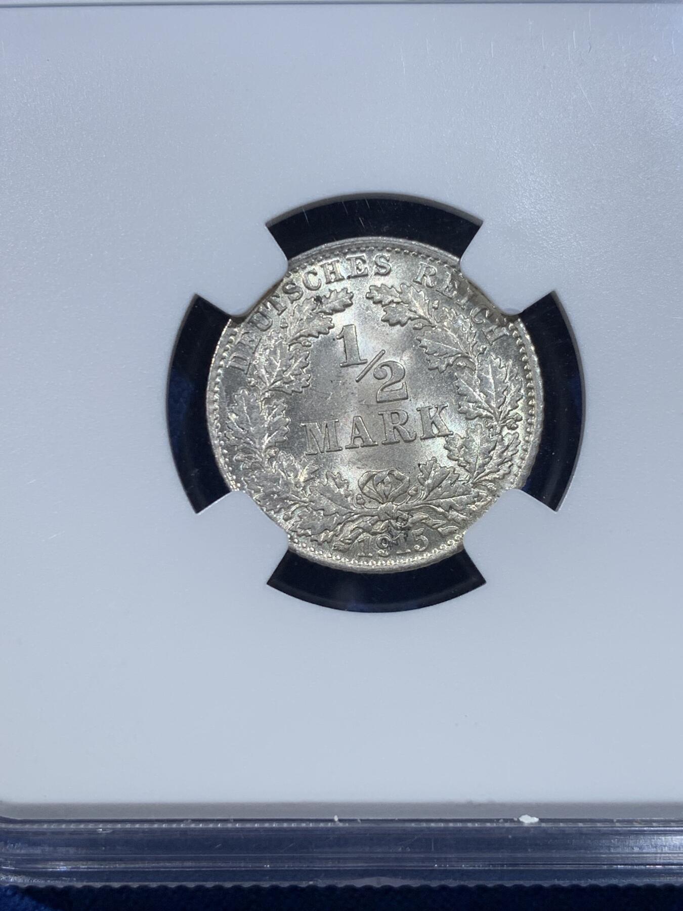 《竞宝斋》第432场 周日，周一 2场连拍 （全场包邮） NGC MS67 德国1915年1/2马克银币 D厂铭 品相极佳