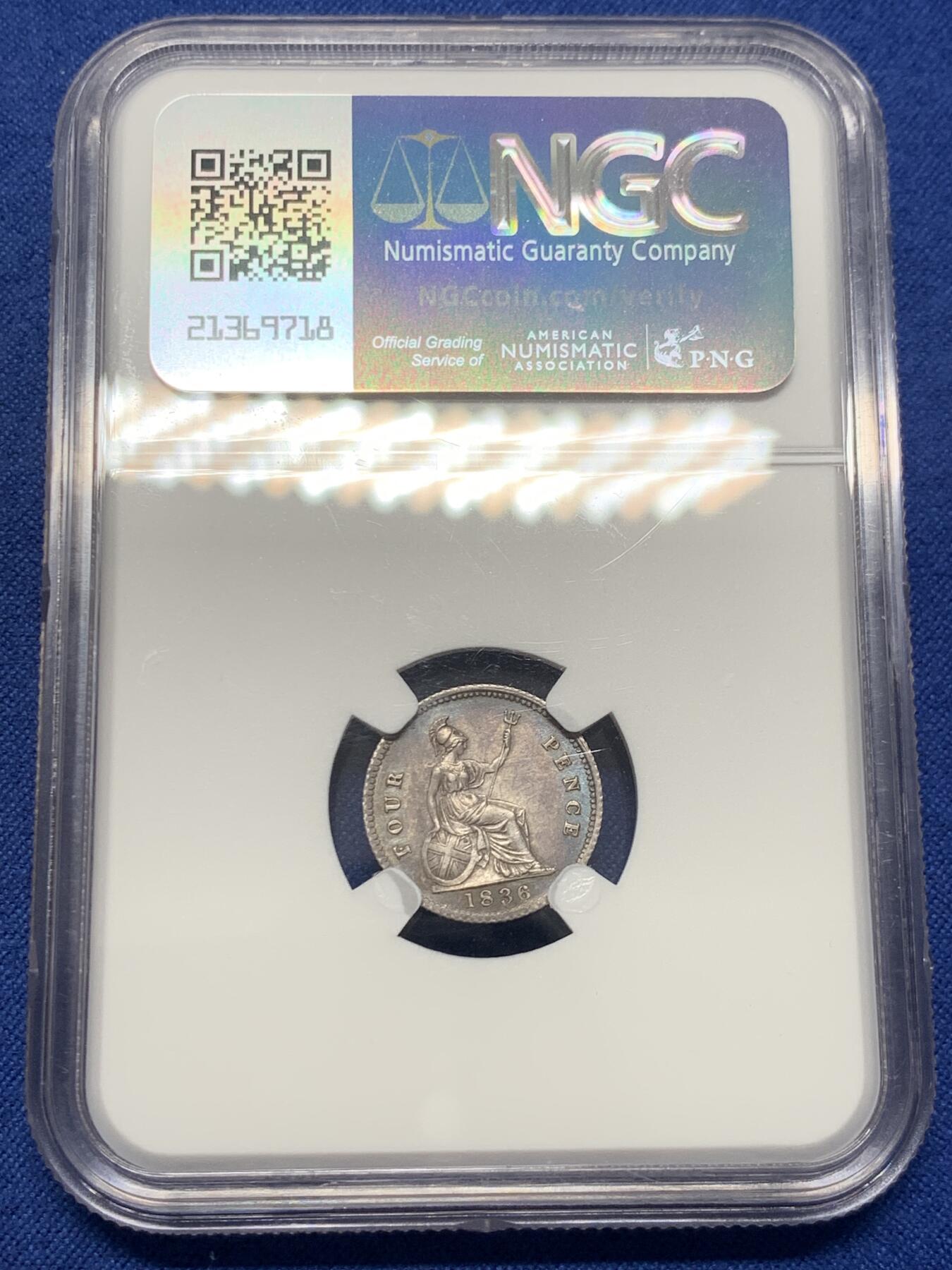 《竞宝斋》第432场 周日，周一 2场连拍 （全场包邮） NGC MS62 英国 1836年 威廉四世 4便士银币 高点细节保存不错 包浆也好