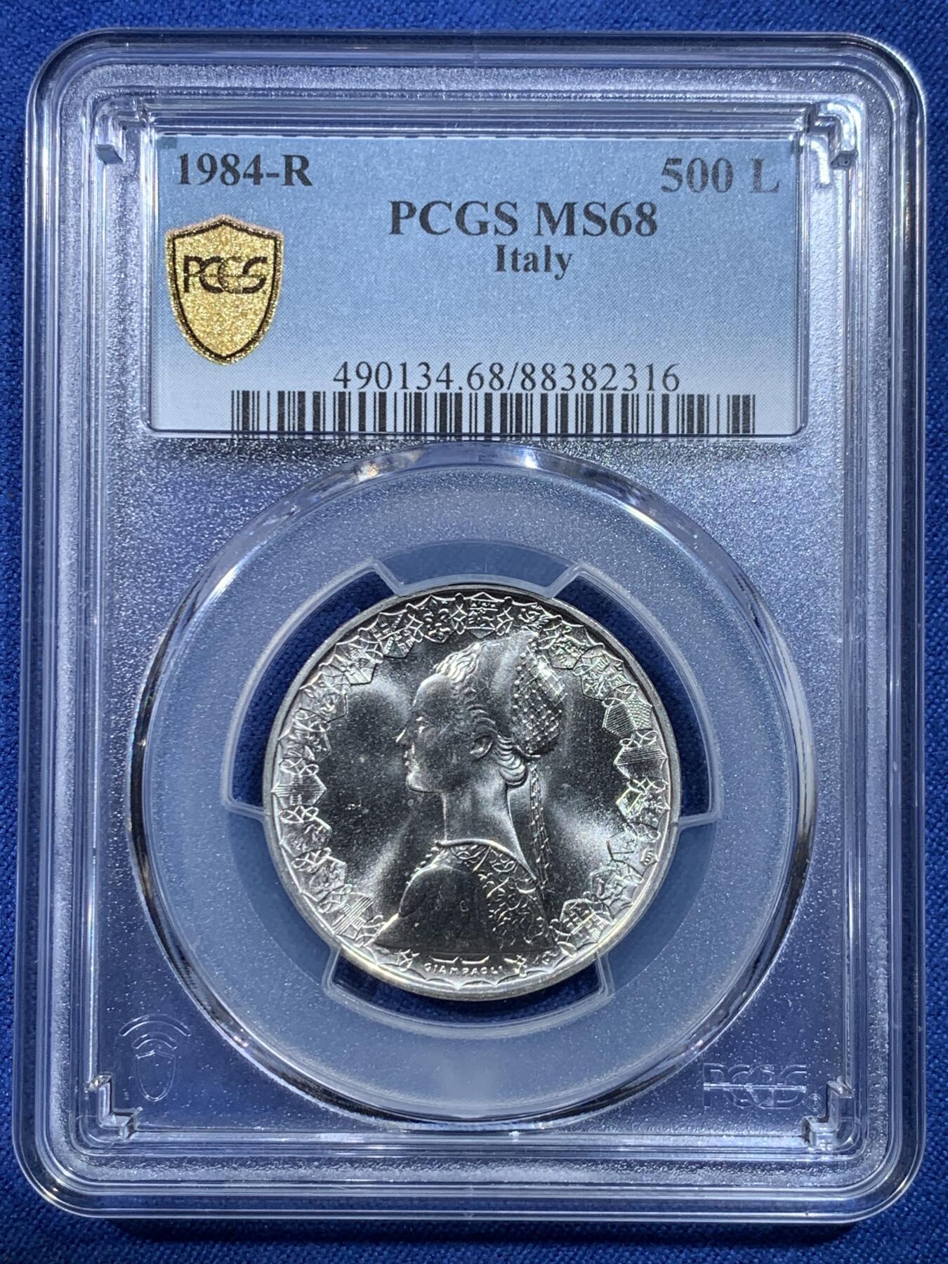 《竞宝斋》第432场 周日，周一 2场连拍 （全场包邮） PCGS MS68 意大利1984年人妻帆船500里拉银币 意大利现代币热门品种 发行量不足7.8万枚 该枚亚军分 普制高分难得 更高分仅1枚