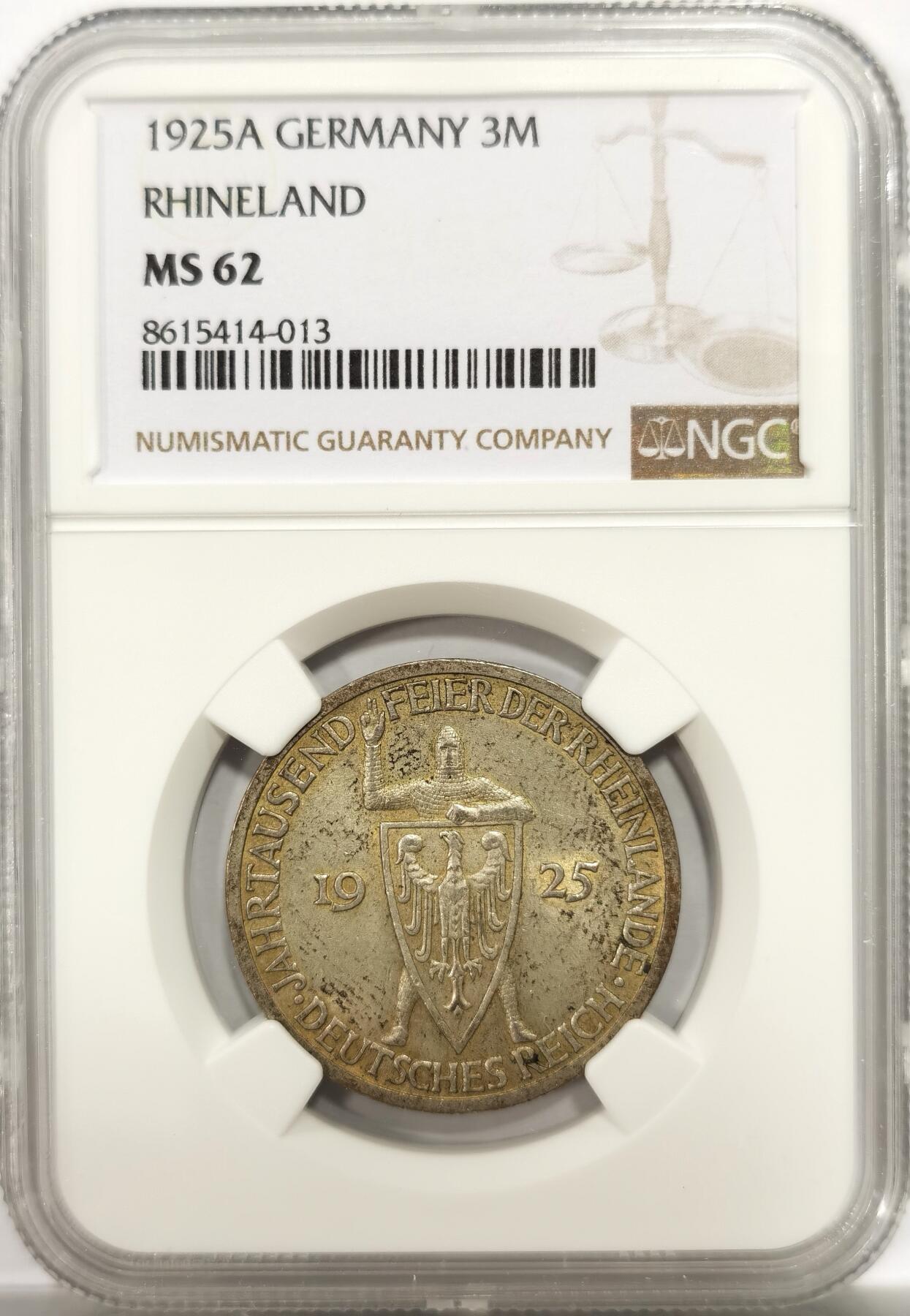 博洋堂世界钱币拍卖第144期（全场包邮） NGC MS62 德国魏玛共和国1925年A版莱茵千年3马克银币