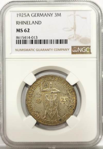 博洋堂世界钱币拍卖第144期（全场包邮） - NGC MS62 德国魏玛共和国1925年A版莱茵千年3马克银币