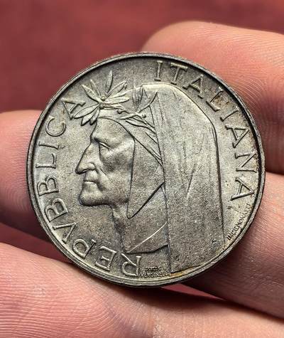 南宋泉阁俄币 外币 国币 专场第十八期 【送拍无额外佣金】 - 意大利 1965年 但丁诞生700周年 500里拉纪念银币 11g 835银 双面转光 极品 近未流通