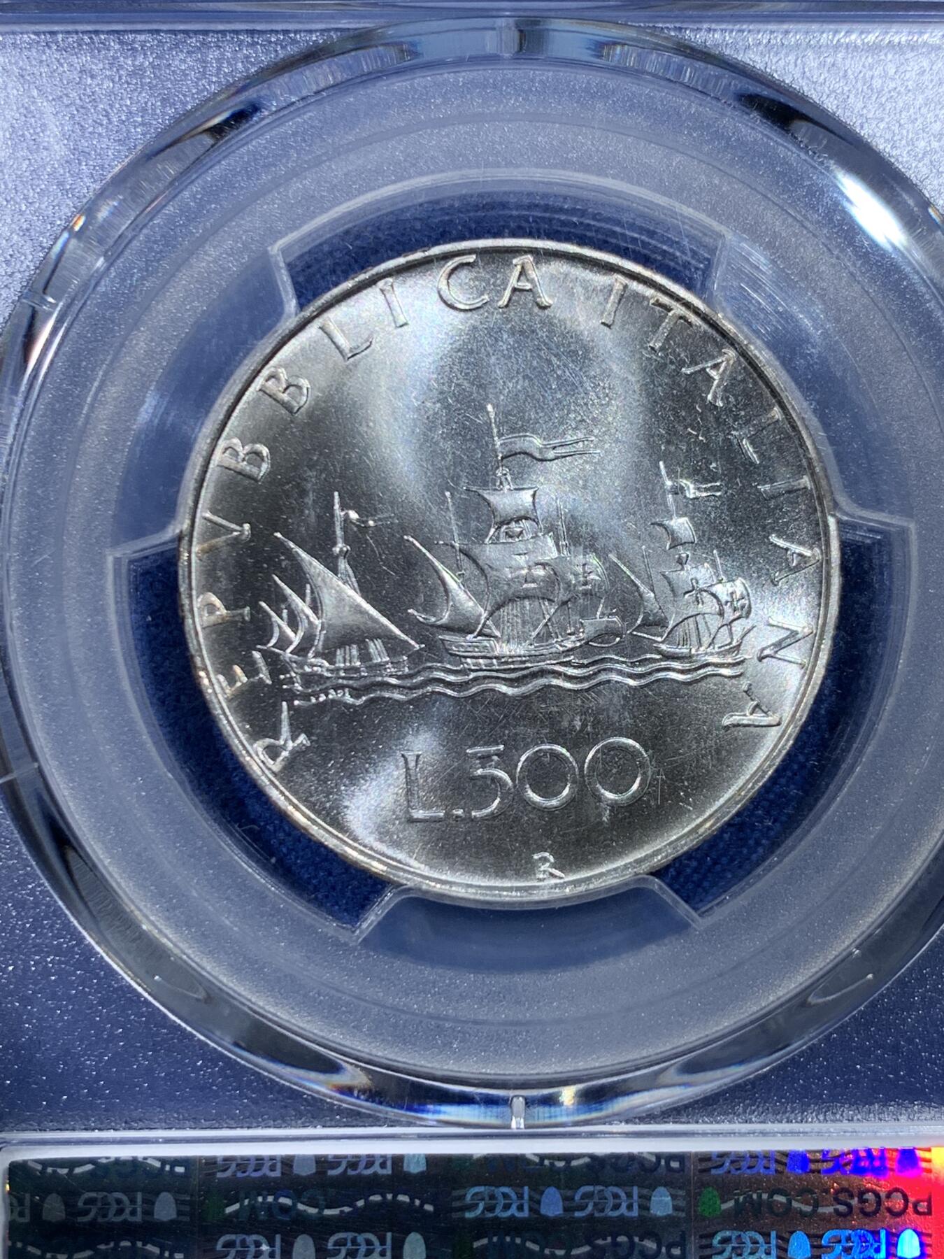 《竞宝斋》第432场 周日，周一 2场连拍 （全场包邮） PCGS MS67 亚军分 意大利1983年帆船少女500里拉银币，经典品种，特年，普制版中书价最高的年份之一，铸量不到77000枚，60分书价已高达105美元。淡彩包浆，银光不错，更高仅3枚68