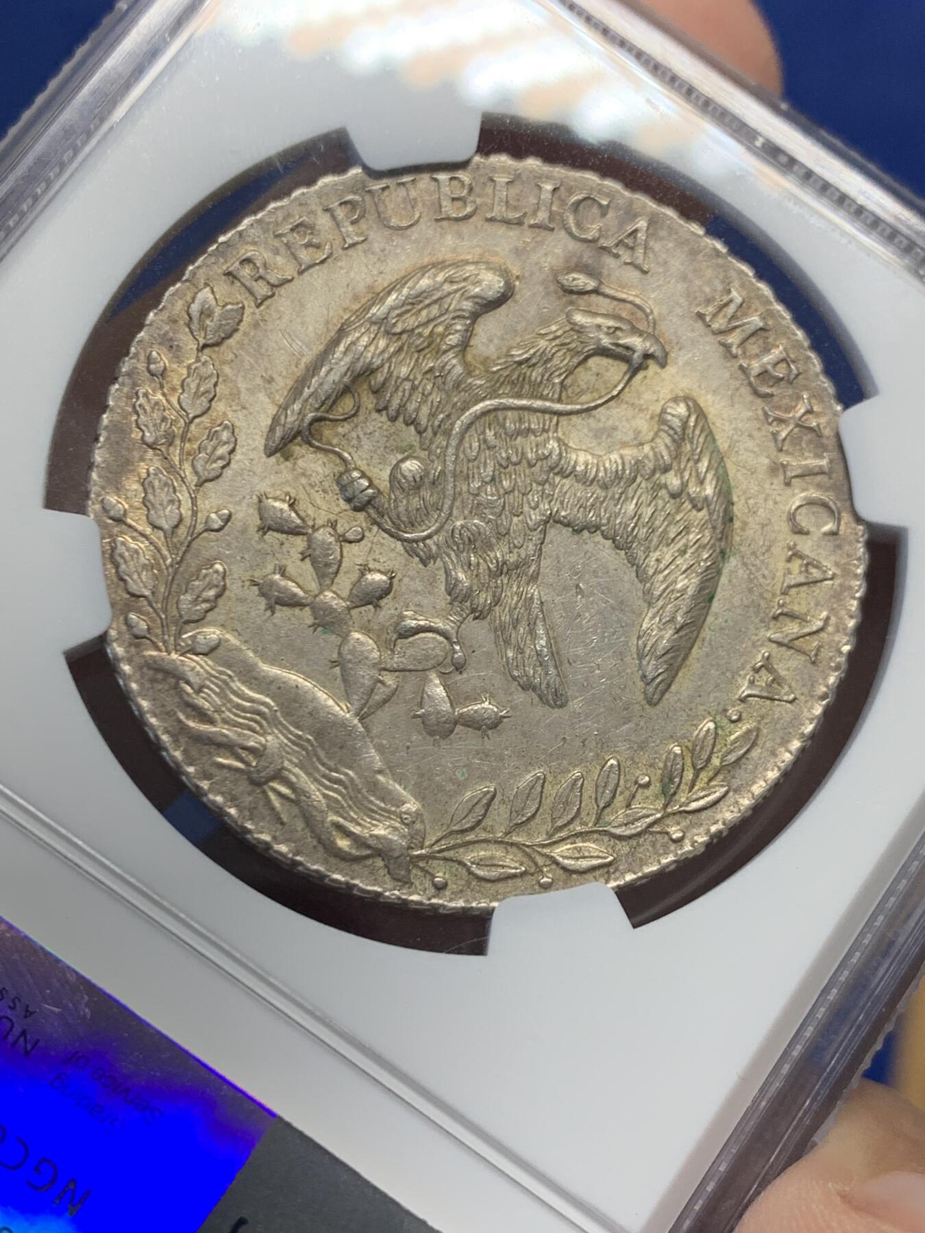 《竞宝斋》第432场 周日，周一 2场连拍 （全场包邮） NGC MS61 墨西哥1886年MO MH版花边鹰洋8R银币，漂亮黄油包浆