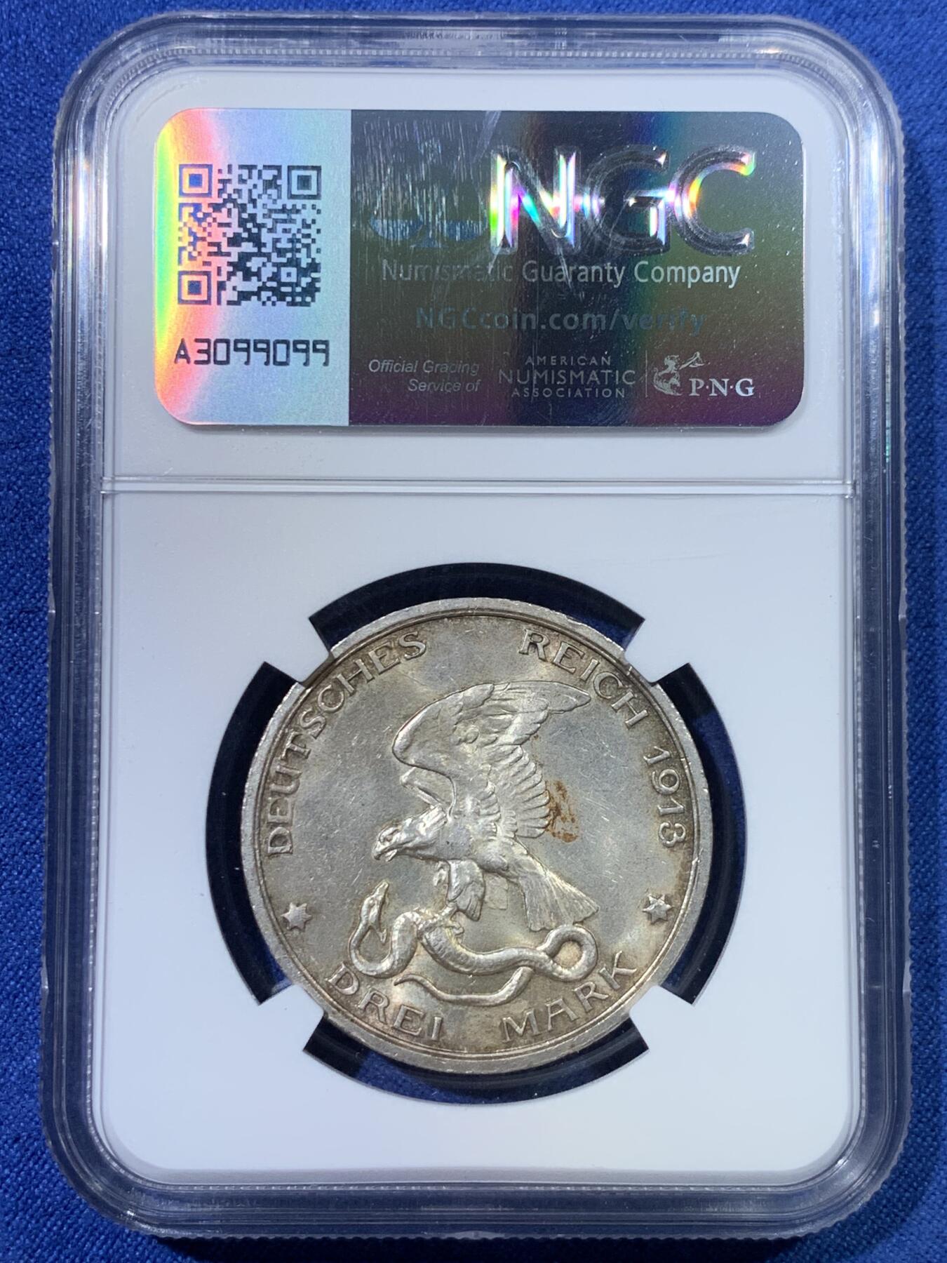 《竞宝斋》第432场 周日，周一 2场连拍 （全场包邮） NGC MS62 德国普鲁士1913年战胜拿破仑纪念3马克银币