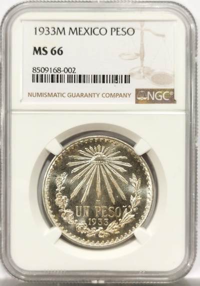 博洋堂世界钱币拍卖第144期（全场包邮） - NGC MS66 墨西哥1933年1比索银币，早期年份，镜面感