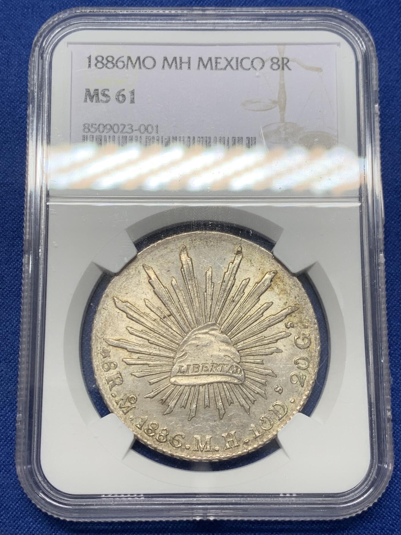《竞宝斋》第432场 周日，周一 2场连拍 （全场包邮） NGC MS61 墨西哥1886年MO MH版花边鹰洋8R银币，漂亮黄油包浆
