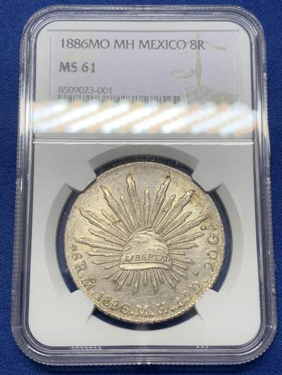 《竞宝斋》第432场 周日，周一 2场连拍 （全场包邮） - NGC MS61 墨西哥1886年MO MH版花边鹰洋8R银币，漂亮黄油包浆