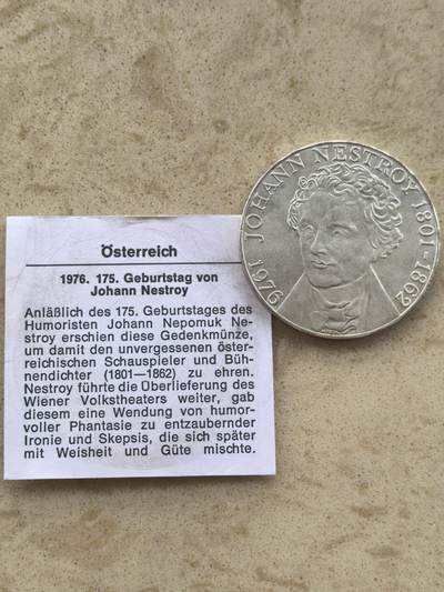 道一币馆币章第一百五十二场 - 带证书 奥地利1976年音乐家约翰·内斯特鲁伊诞辰175周年100先令银币 24g 640S