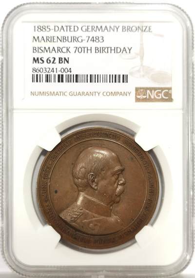 博洋堂世界钱币拍卖第144期（全场包邮） - NGC MS62BN 德国1885年铁血宰相俾斯麦70大寿纪念铜章
