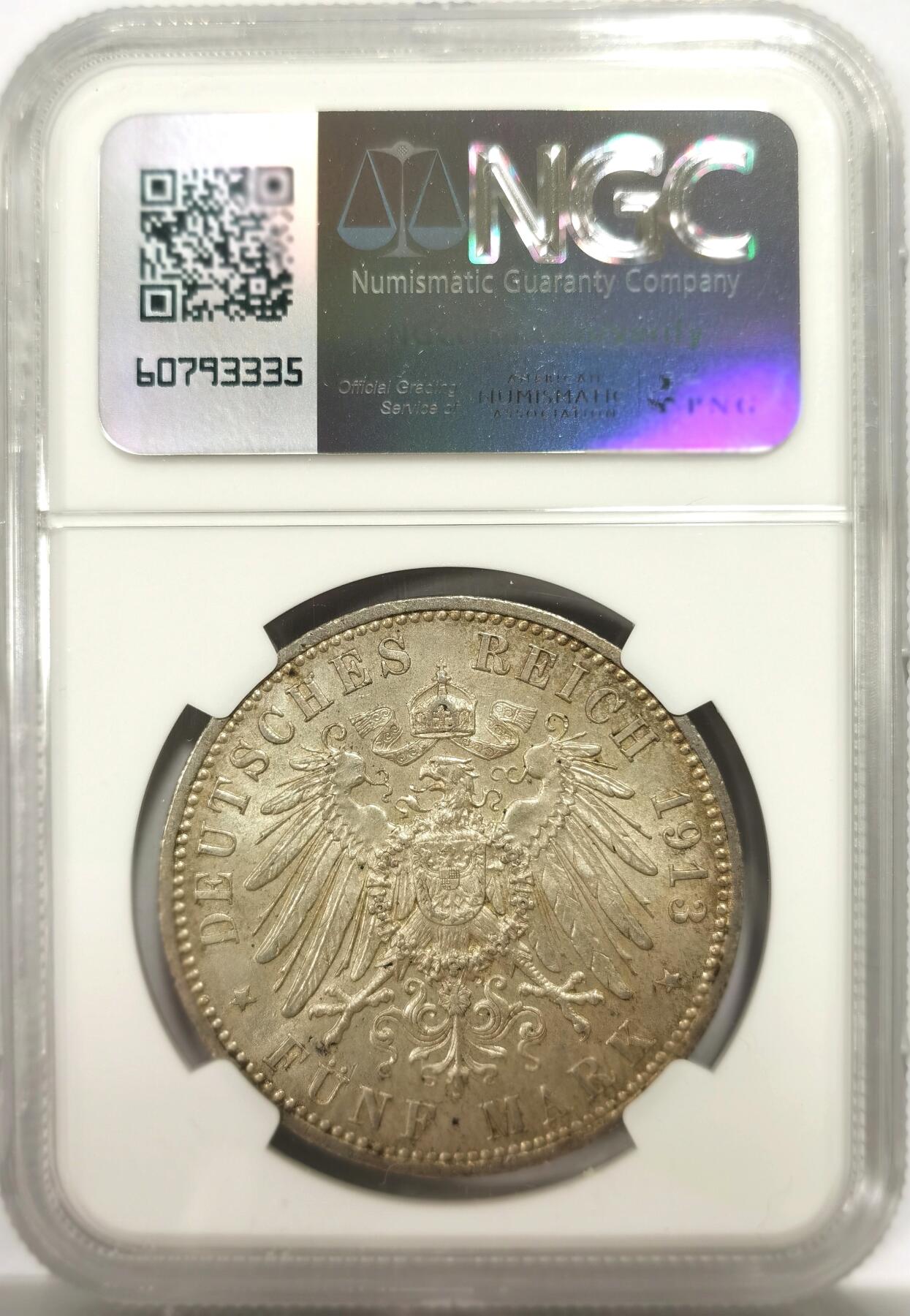 博洋堂世界钱币拍卖第144期（全场包邮） NGC MS61 德国普鲁士1913年A版威廉二世5马克军装5马克银币