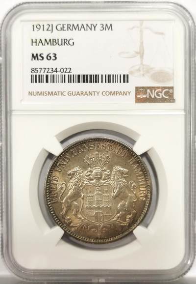 博洋堂世界钱币拍卖第144期（全场包邮） - NGC MS63 德国汉堡1912年J版3马克银币