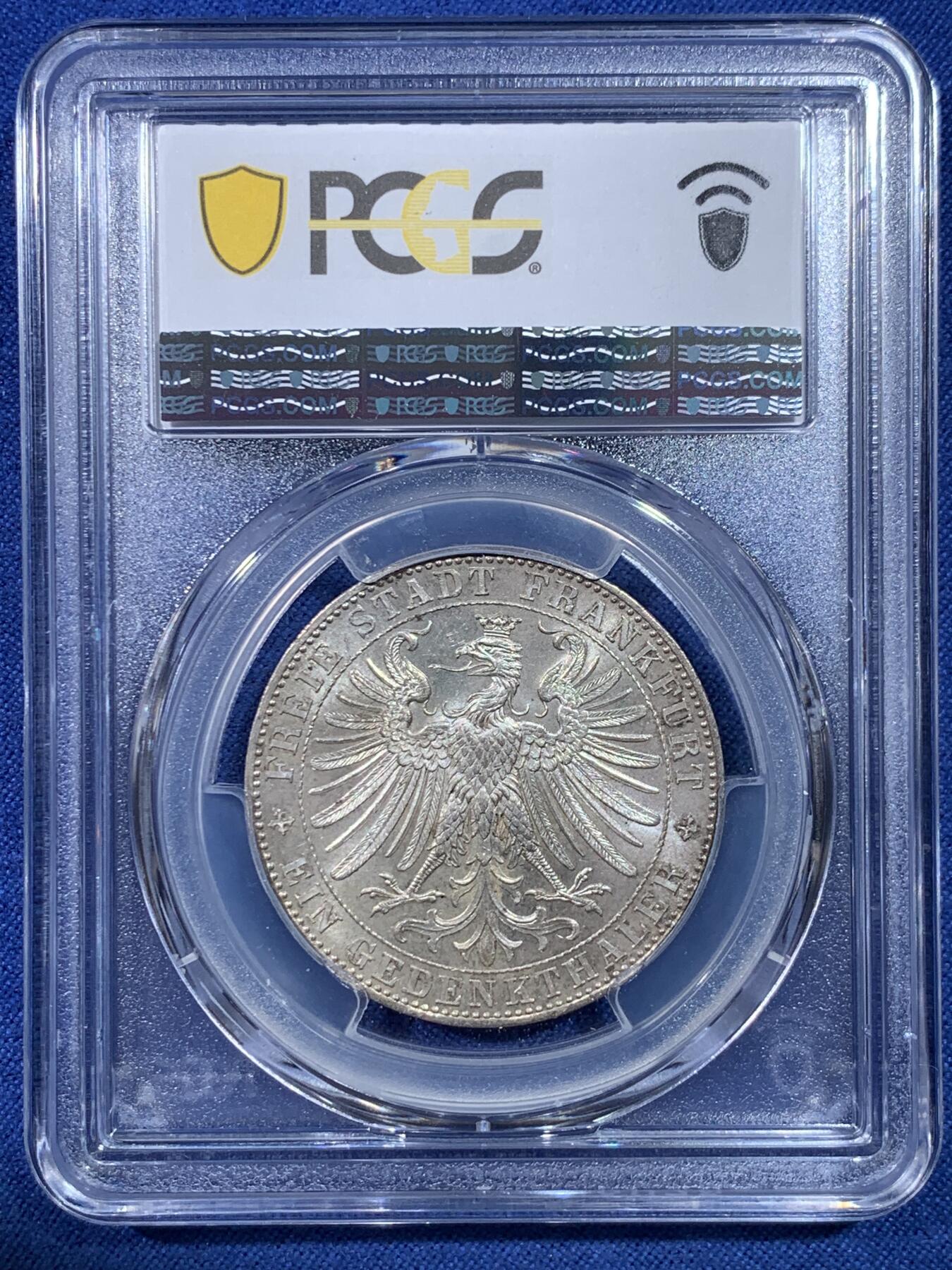 《竞宝斋》第432场 周日，周一 2场连拍 （全场包邮） PCGS MS64 德国1863年法兰克福王子议会泰勒银币，底板状态漂亮，经典的法兰克福市政厅