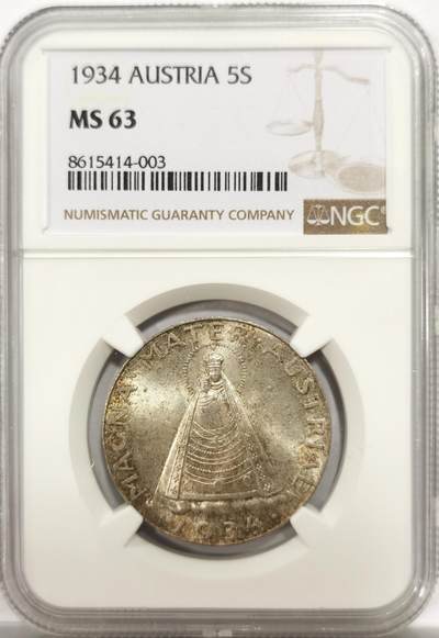 博洋堂世界钱币拍卖第144期（全场包邮） - NGC MS63 奥地利1934年圣母抱婴5先令银币