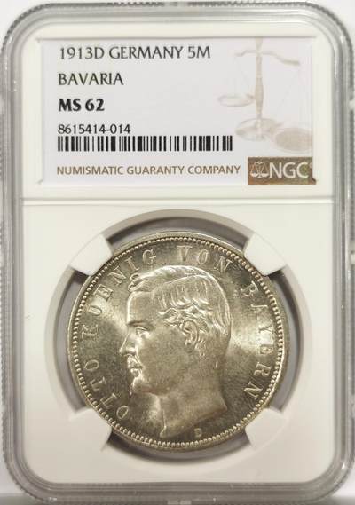 博洋堂世界钱币拍卖第144期（全场包邮） - NGC MS62 德国巴伐利亚1913年D版奥托5马克银币