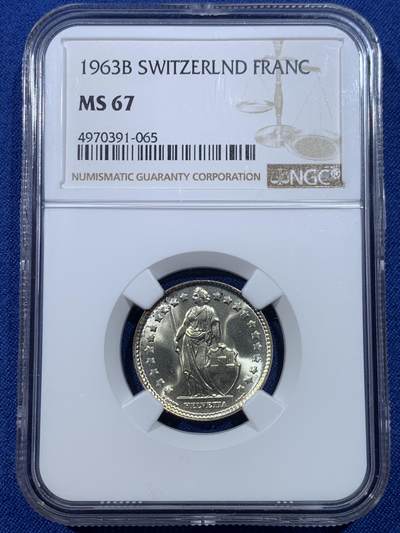 《竞宝斋》第432场 周日，周一 2场连拍 （全场包邮） - NGC MS67 瑞士1963年1法郎银币 B厂铭 转光强 顶级品相