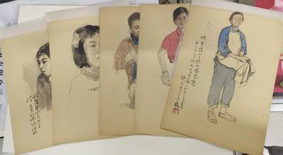 大连首届红藏暨第十一届全国连交会 连环画拍卖 - 段伟君五十年代人物画稿彩色原稿5幅A3大小