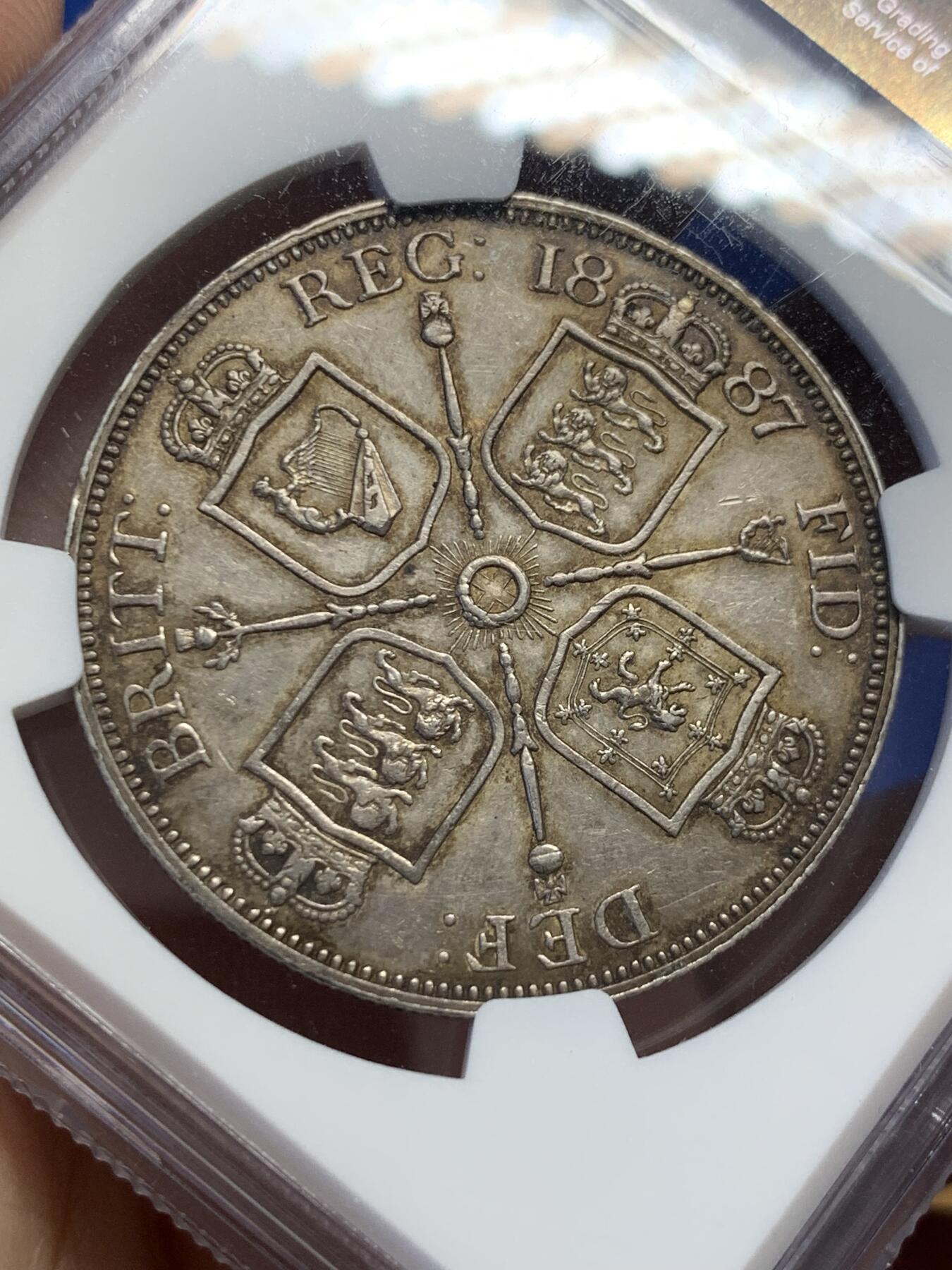 《竞宝斋》第432场 周日，周一 2场连拍 （全场包邮） NGC AU53 英国 1887年 维多利亚二世 双弗洛林银币，罗马1版本，好包浆