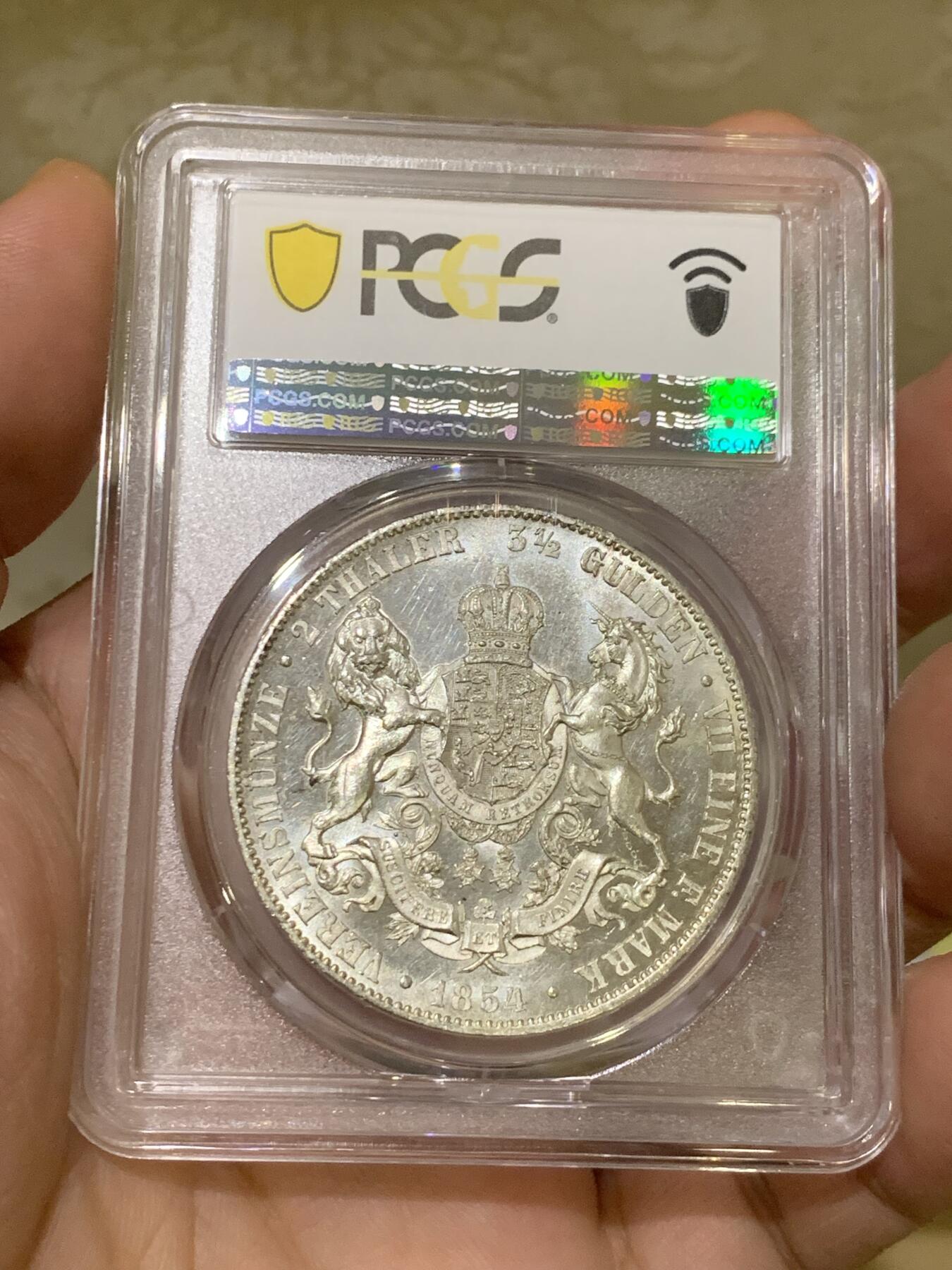 《竞宝斋》第432场 周日，周一 2场连拍 （全场包邮） NGC AU58 德国1854年 汉诺威狮马2泰勒37克大银币 细节非常好 感觉低评