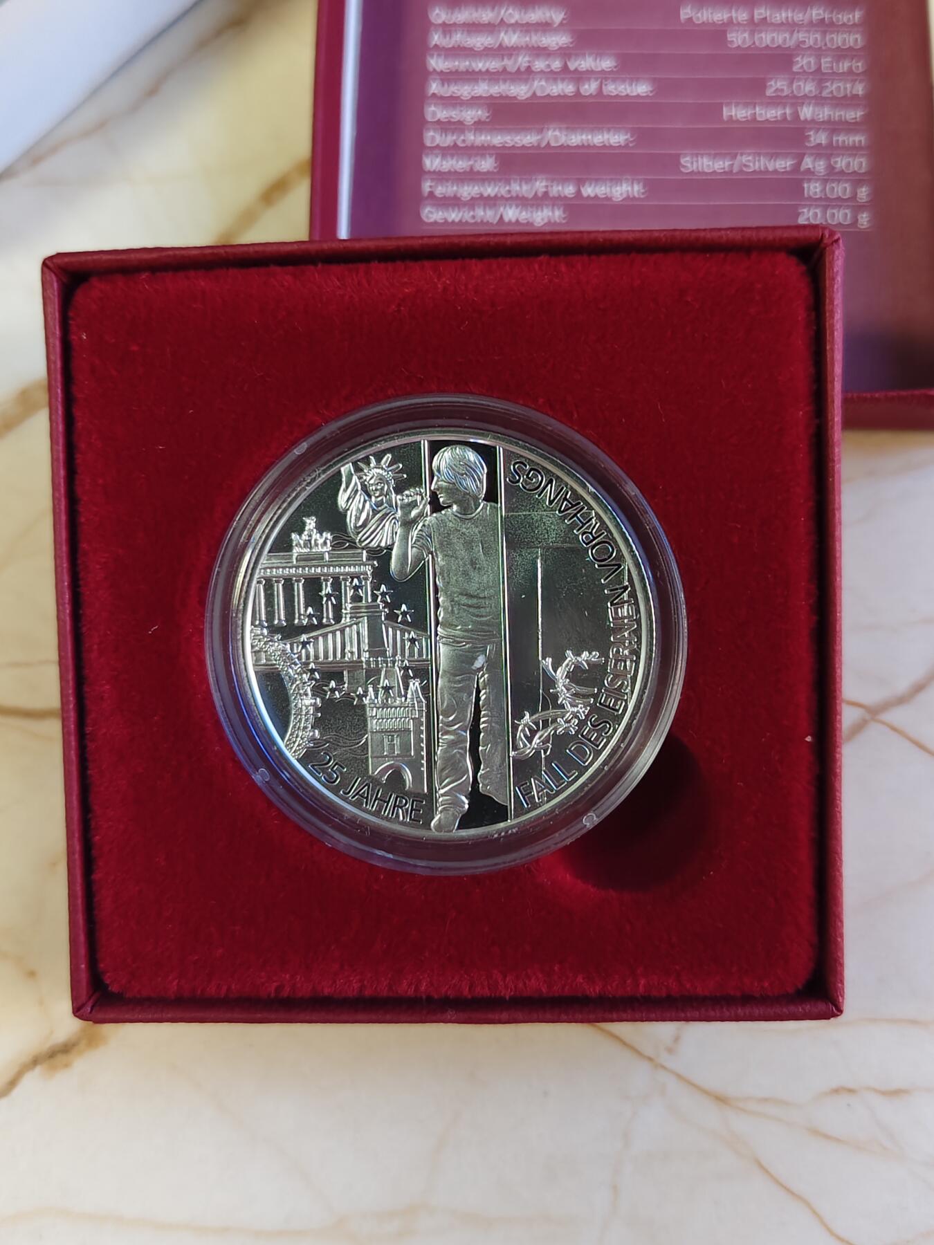 第180期拍卖【长期征集拍品】【北京币展专场】 获奖奥地利2014年柏林墙铁幕倒下25周年纪念银币，900银，20克