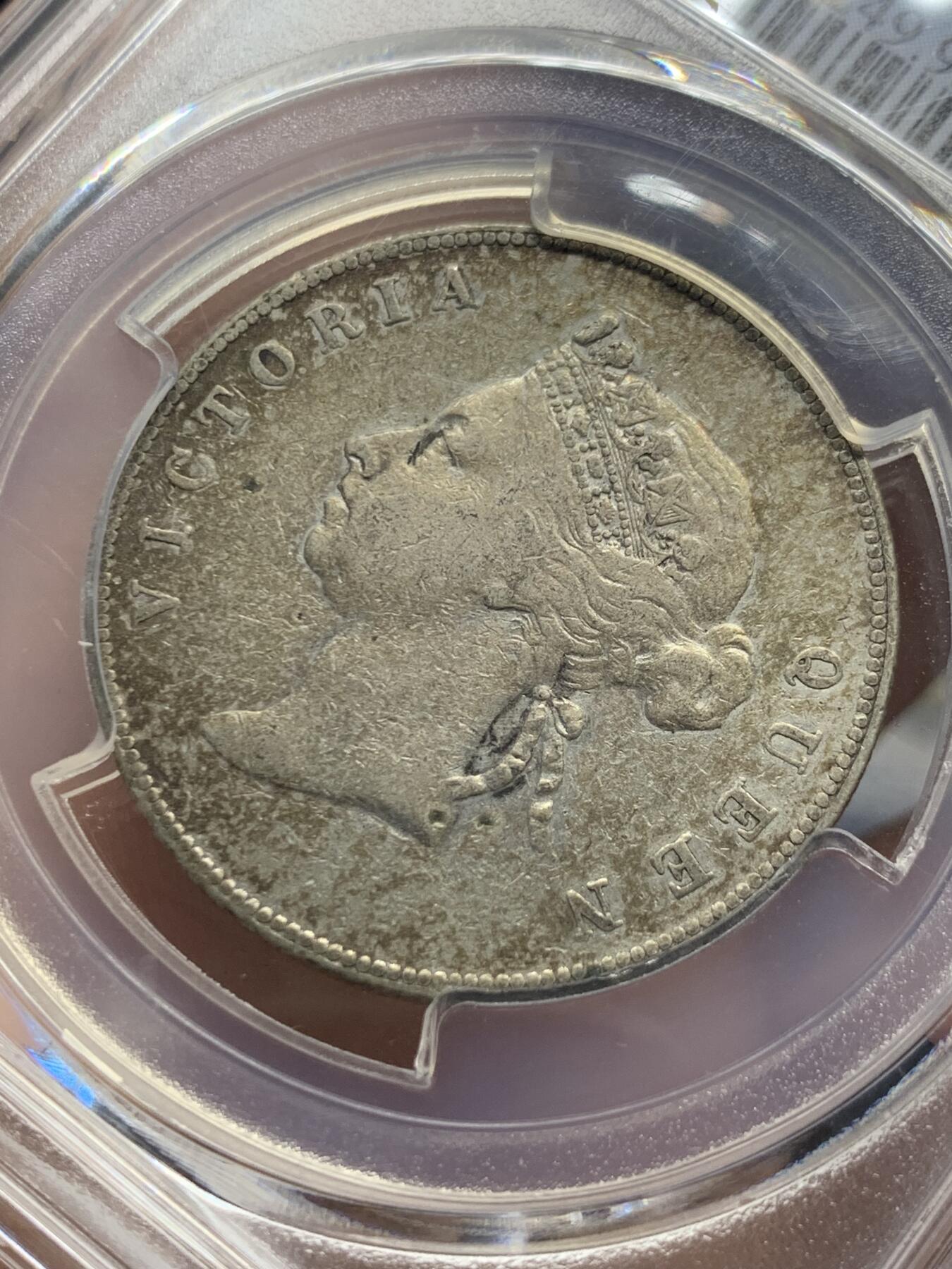 《竞宝斋》第432场 周日，周一 2场连拍 （全场包邮） PCGS XFD 香港1891年维多利亚50分半圆银币，老洗，表面淡五彩包浆，少见品种