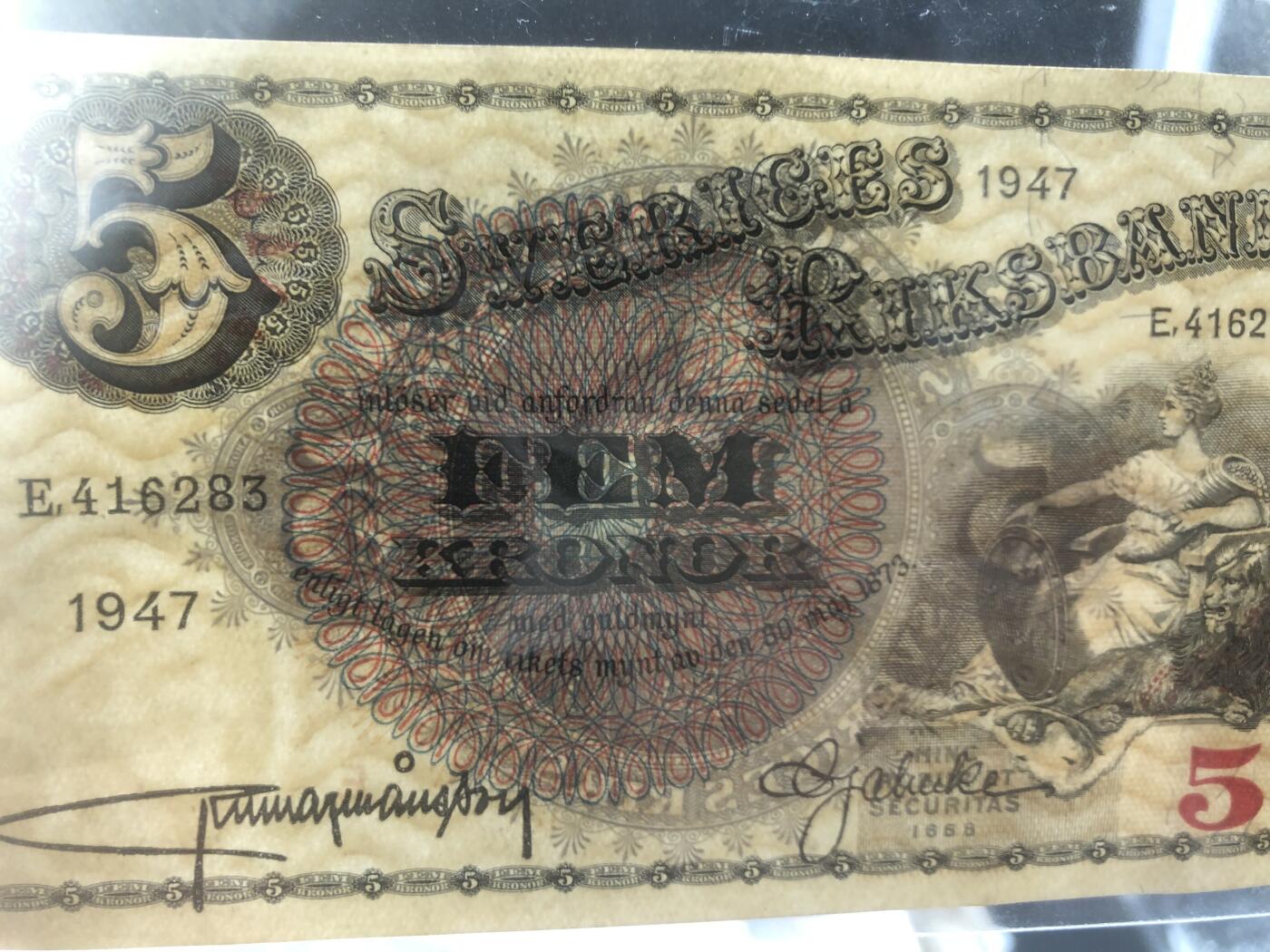 67 EPQ 1979年 新加坡鸟版20元，各版本稀有瑞典1000克朗，持续更新ing 瑞典 1947年 5瑞典克朗 UNC- 1947-E