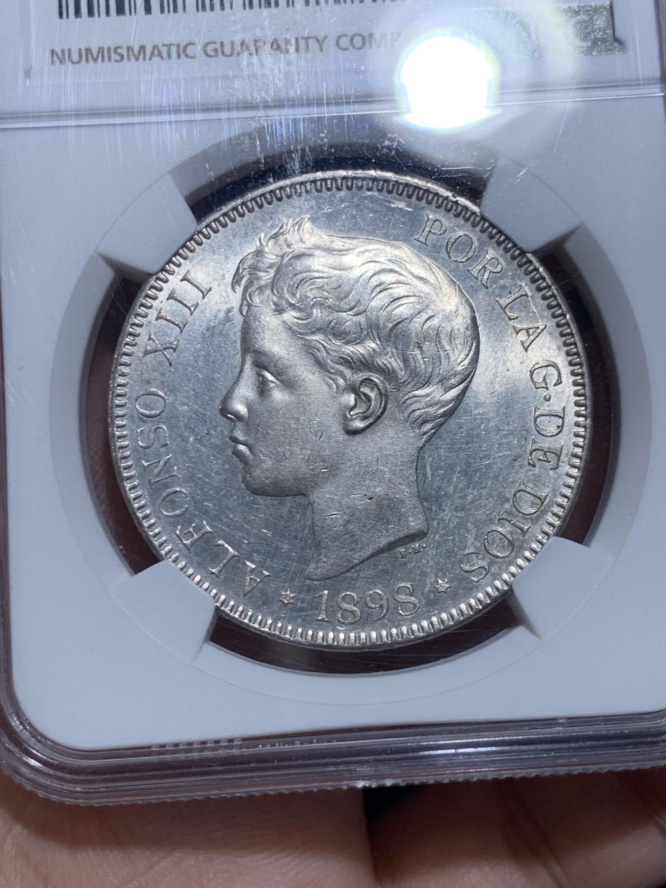 《竞宝斋》第432场 周日，周一 2场连拍 （全场包邮） NGC MS61 西班牙1898年阿方索十三世少年版5比塞塔银币